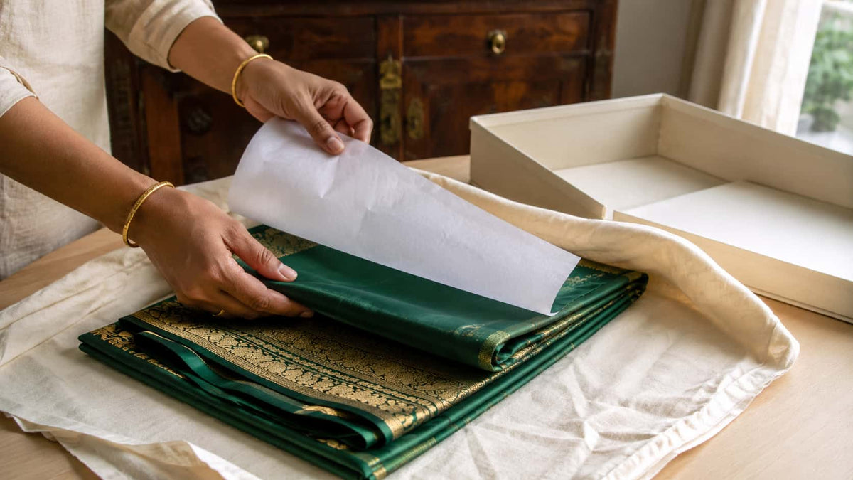 Silk saree wrapped in unbleached muslin with acid-free tissue for safe long-term storage