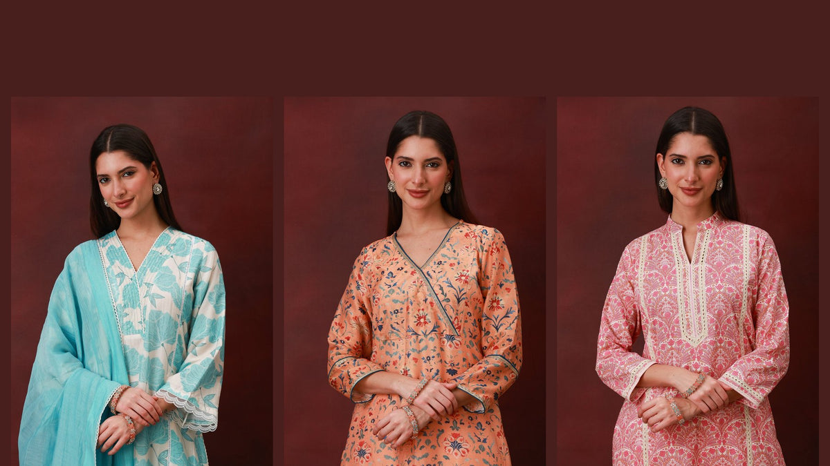 Smira full suit sets in aqua, peach and rose pink: Neelanjali, Rangbahar and Gulrukh