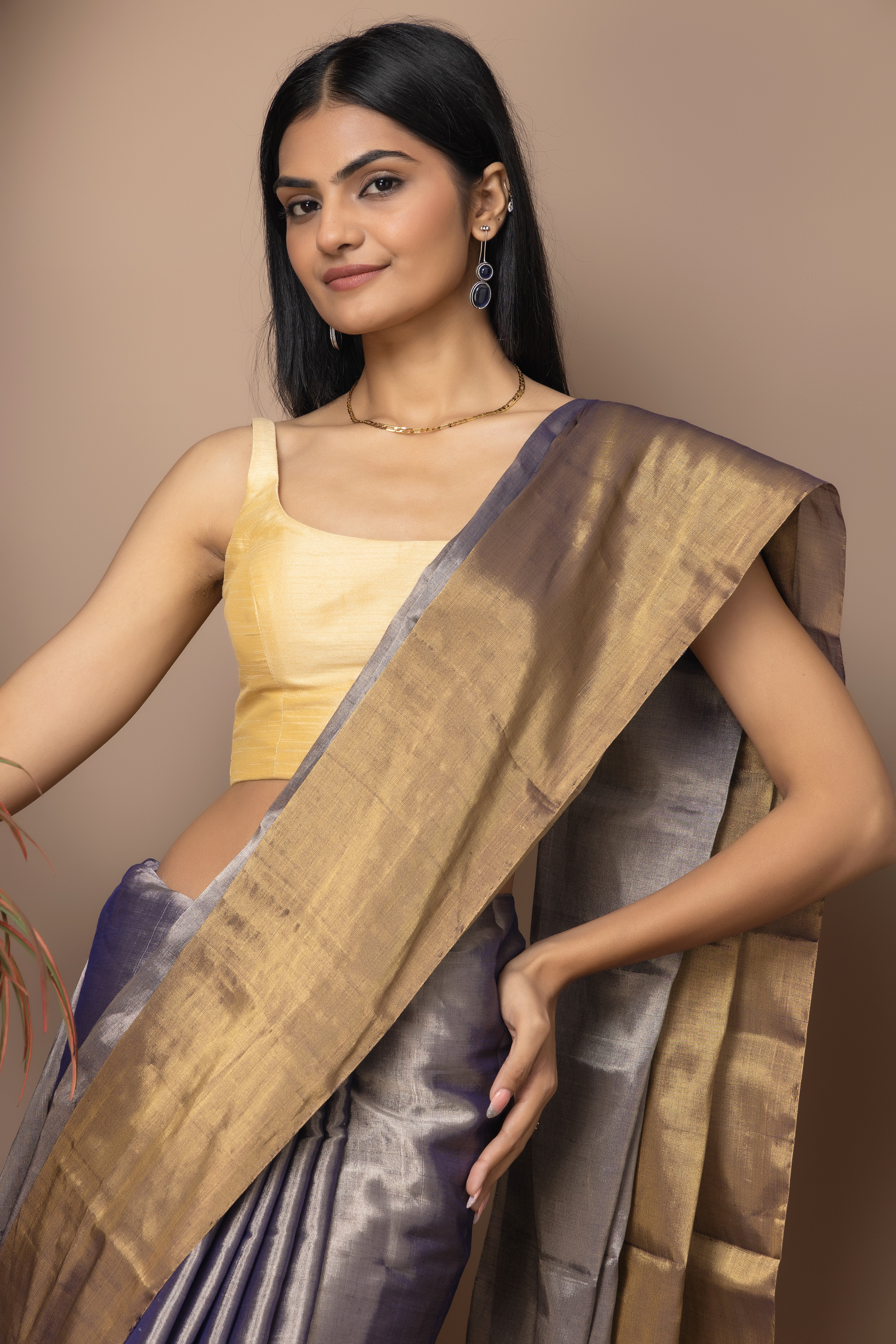 Chanderi handwoven Tissue half and half copper and metallic purple color saree