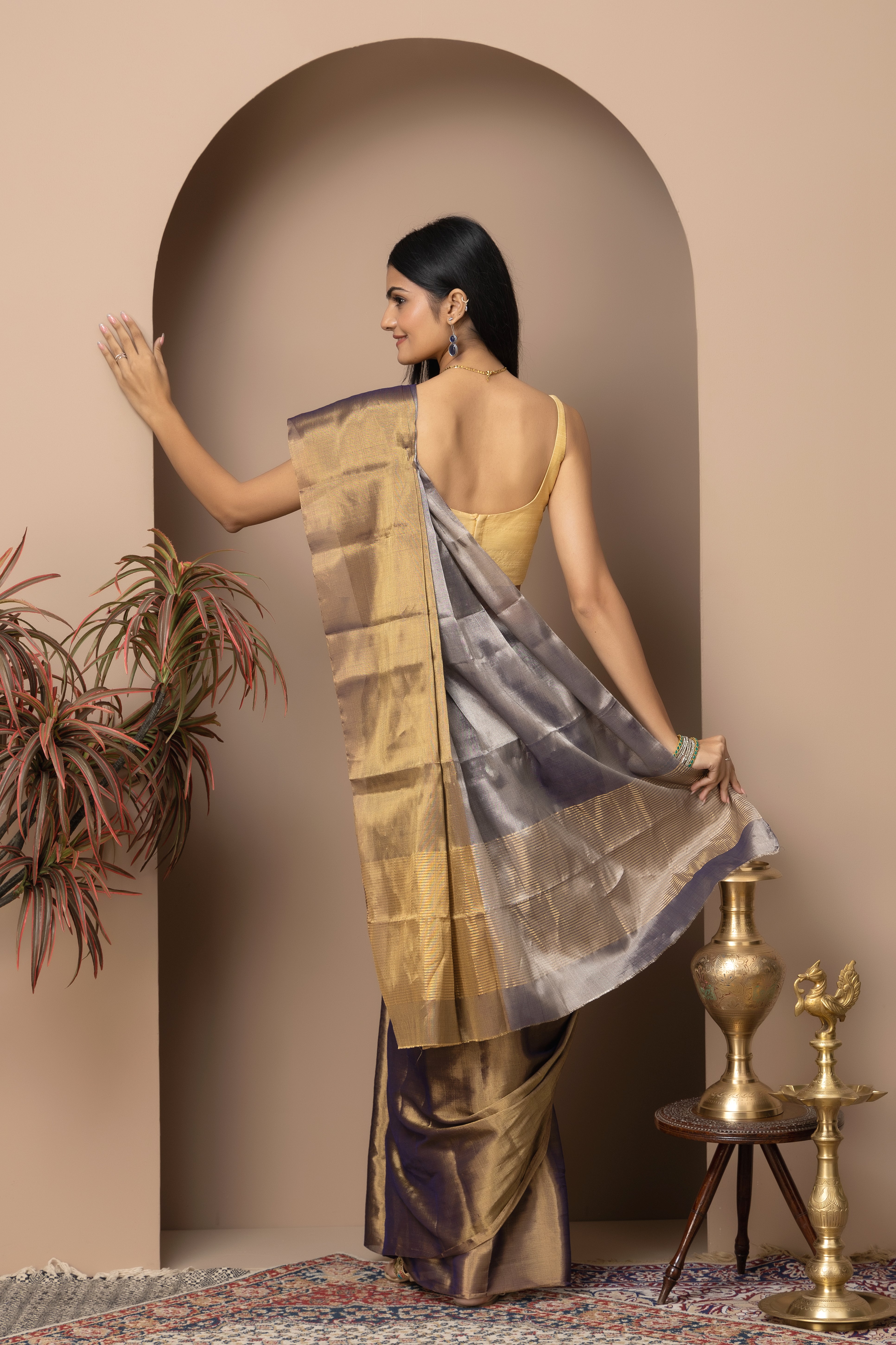 Chanderi handwoven Tissue half and half copper and metallic purple color saree