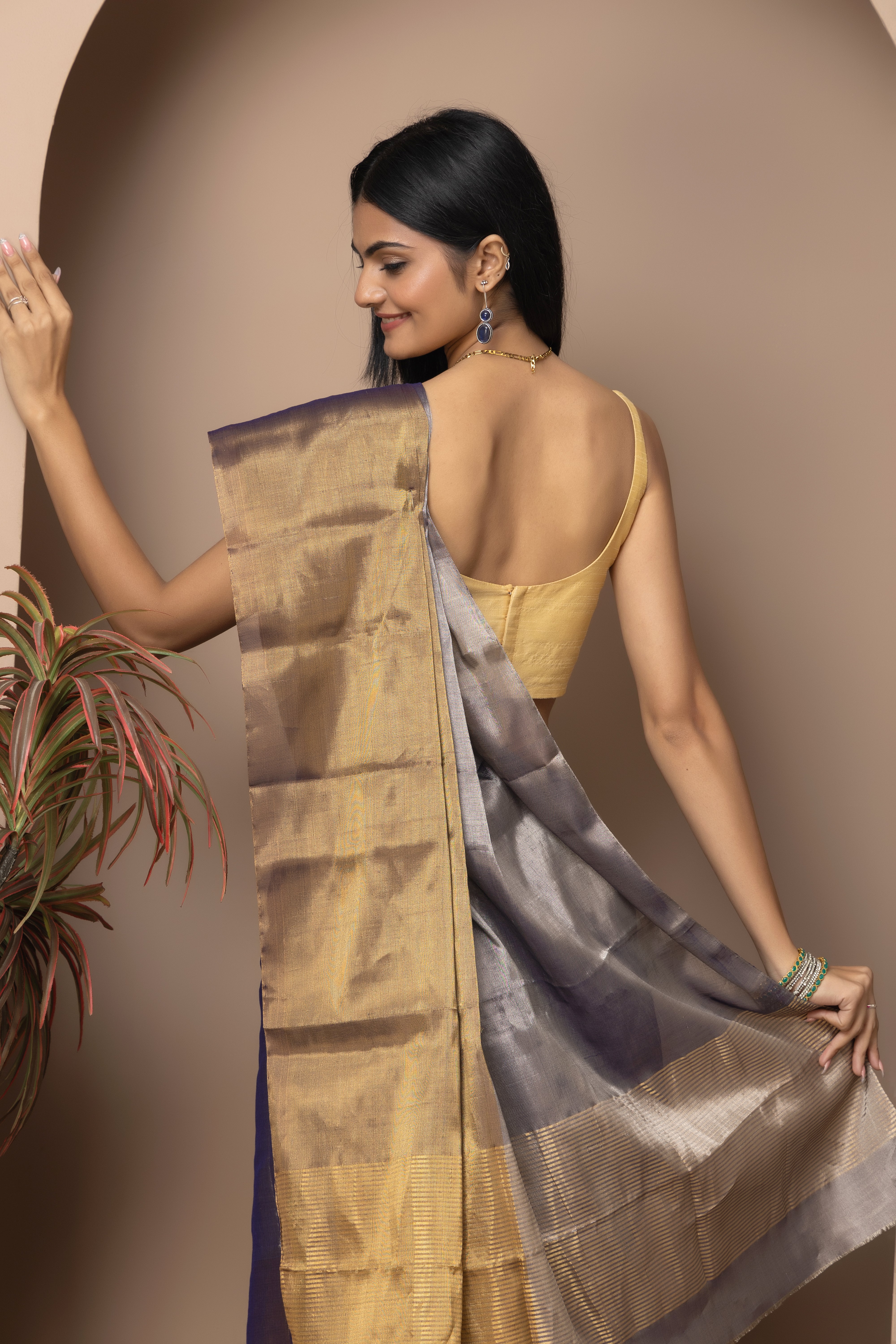 Chanderi handwoven Tissue half and half copper and metallic purple color saree