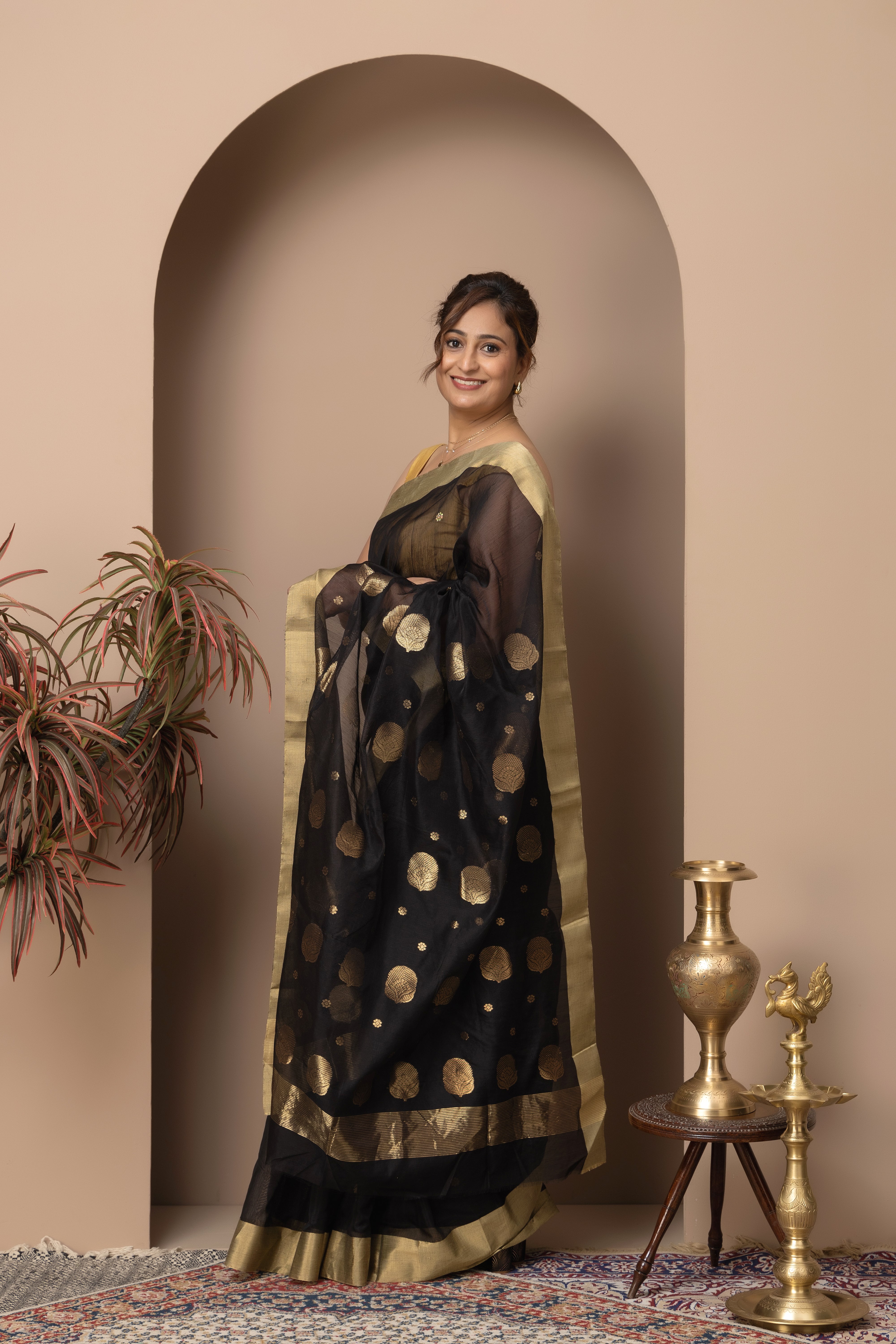 Chanderi handwoven pure pattu silk black colour saree
