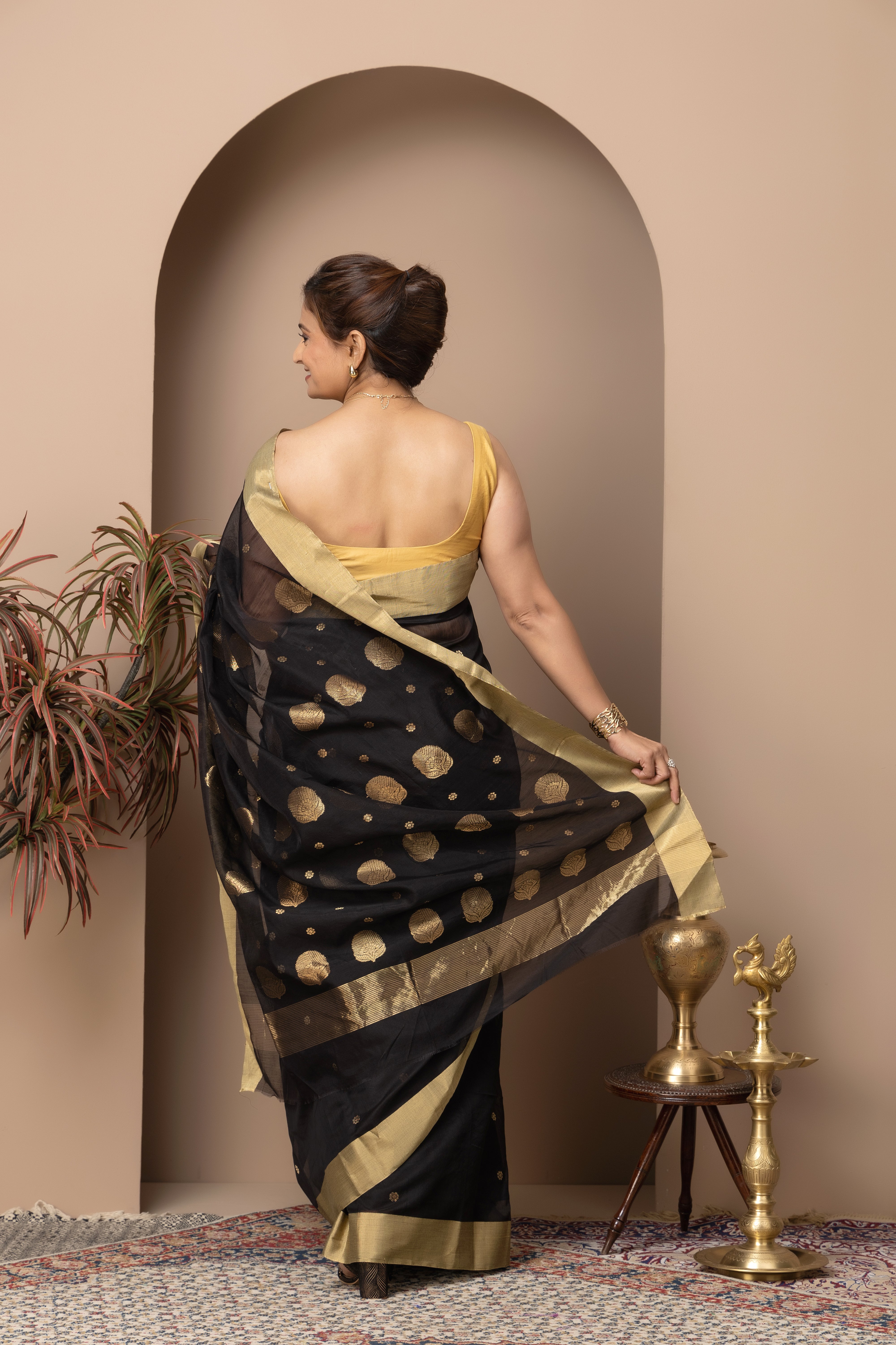 Chanderi handwoven pure pattu silk black colour saree