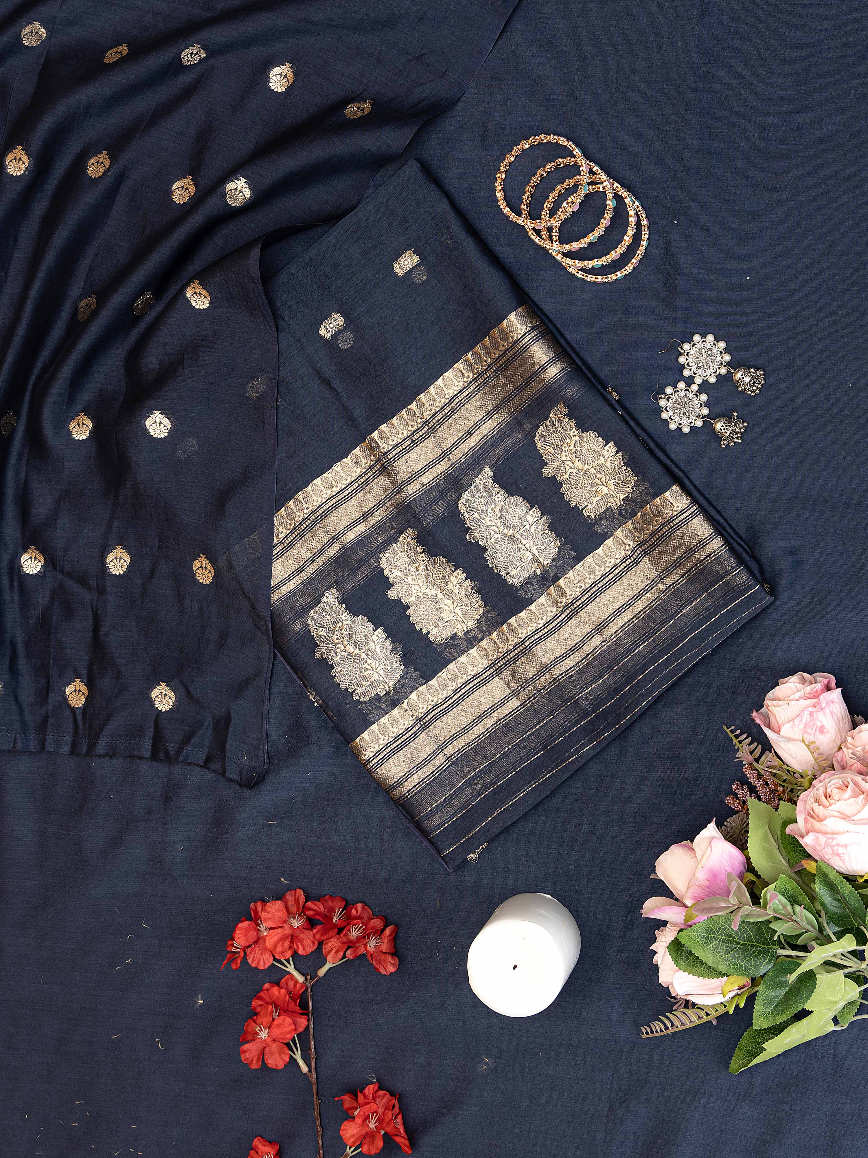 Beautiful ink blue pure silk (Resham)-cotton blend Banarasi unstitched suit (3 piece) with gold zari weaving