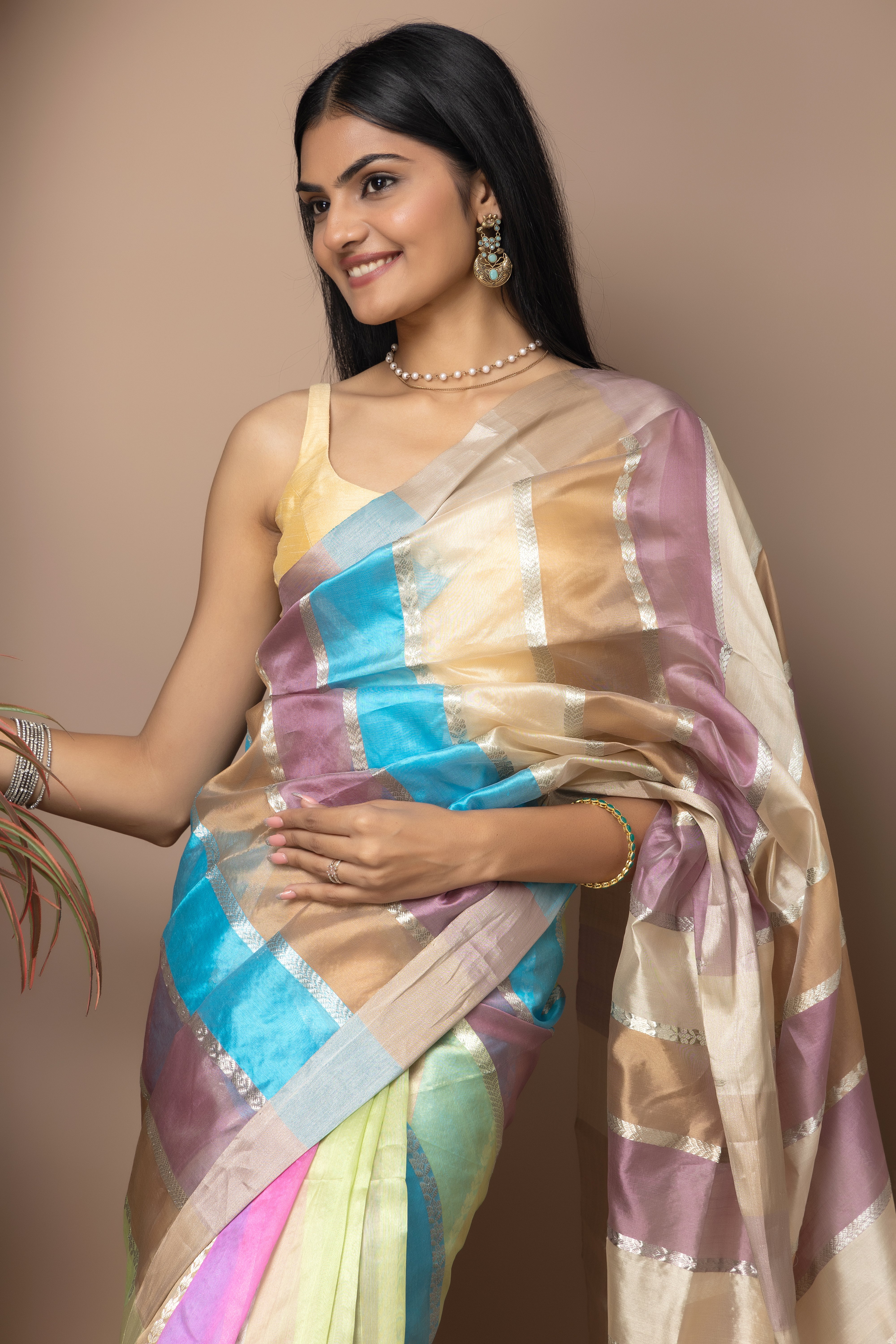Chanderi handwoven pure pattu silk multi-pastel color saree with all-over zari stripes