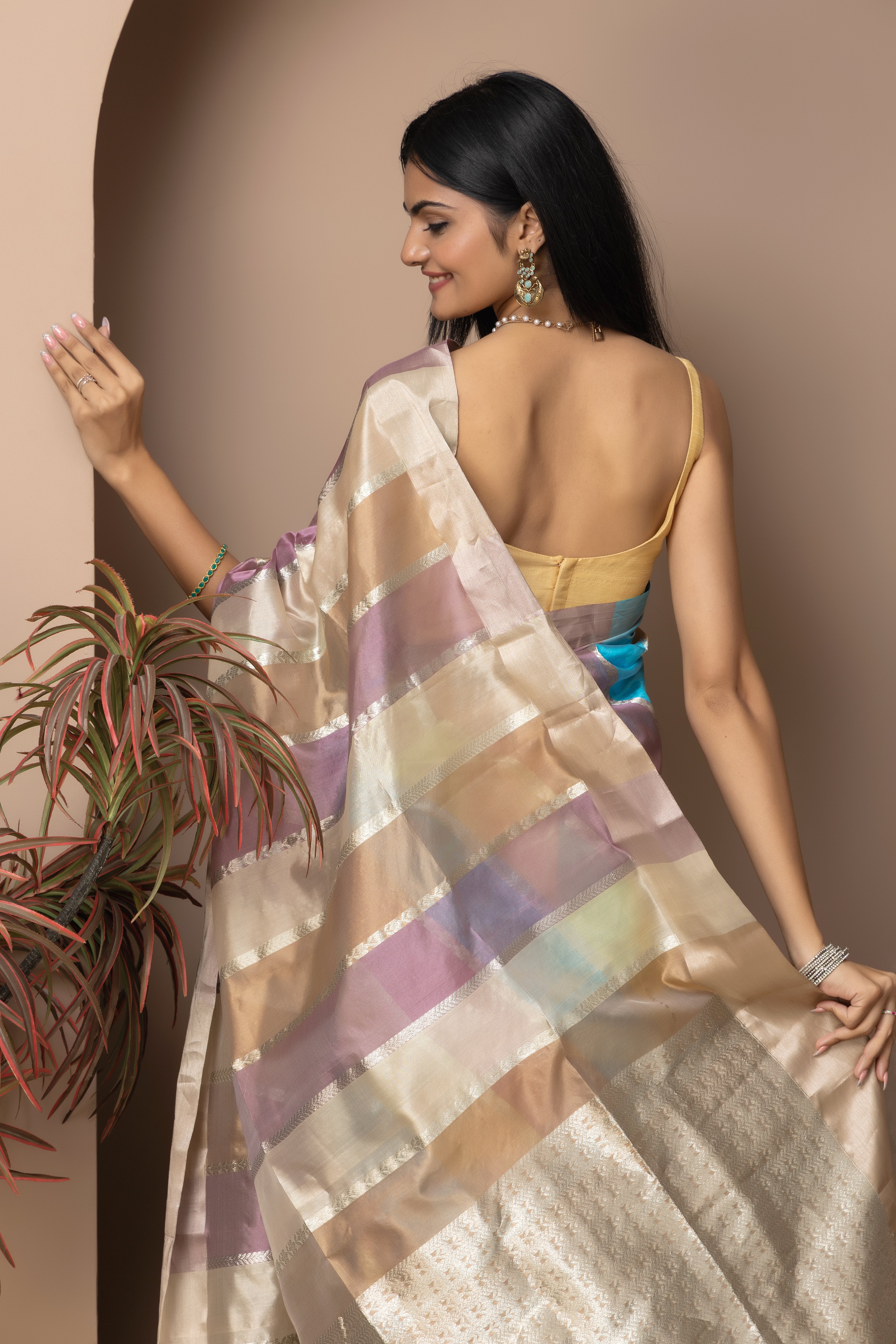 Chanderi handwoven pure pattu silk multi-pastel color saree with all-over zari stripes