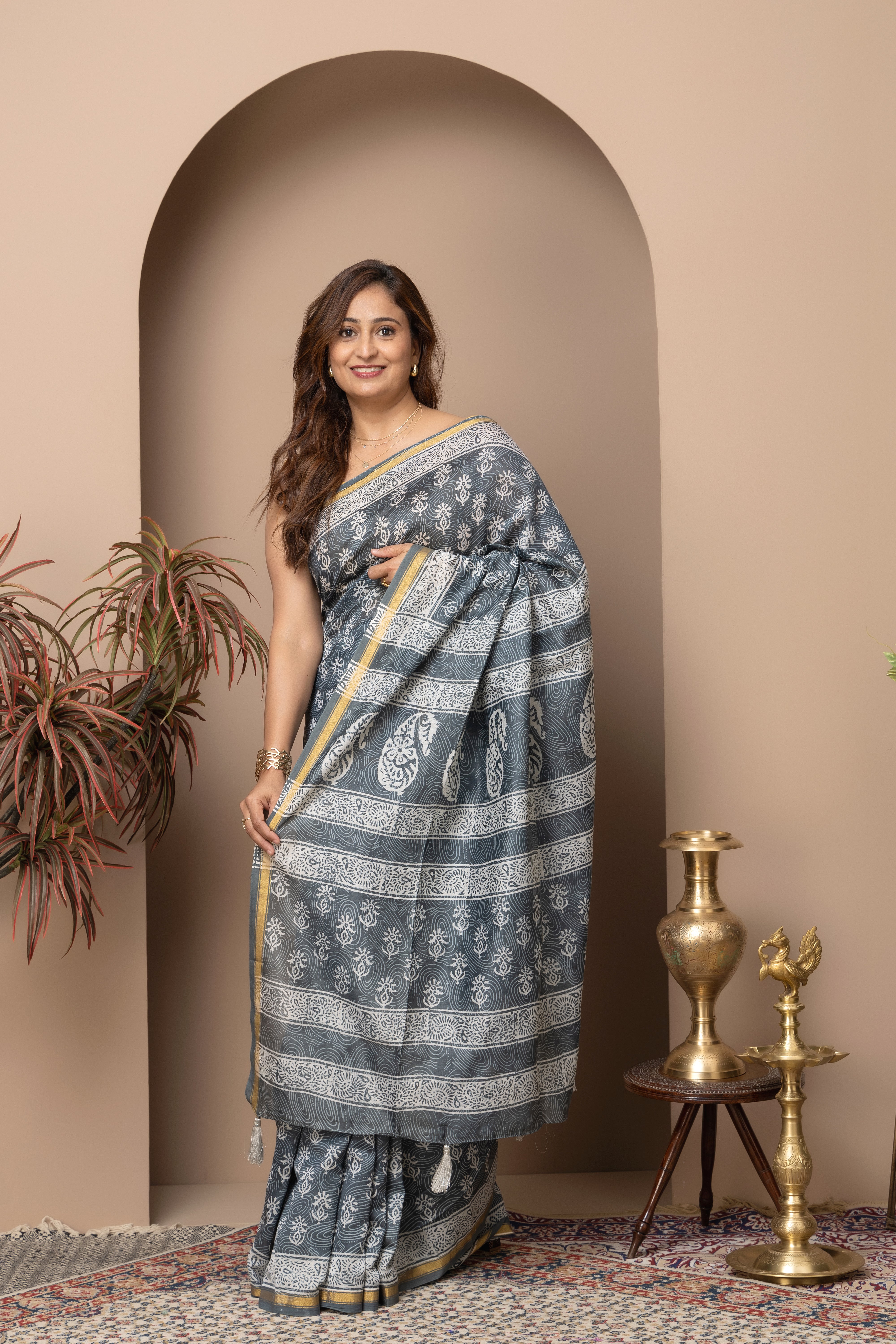 Chanderi cotton silk hand block grey-blue saree