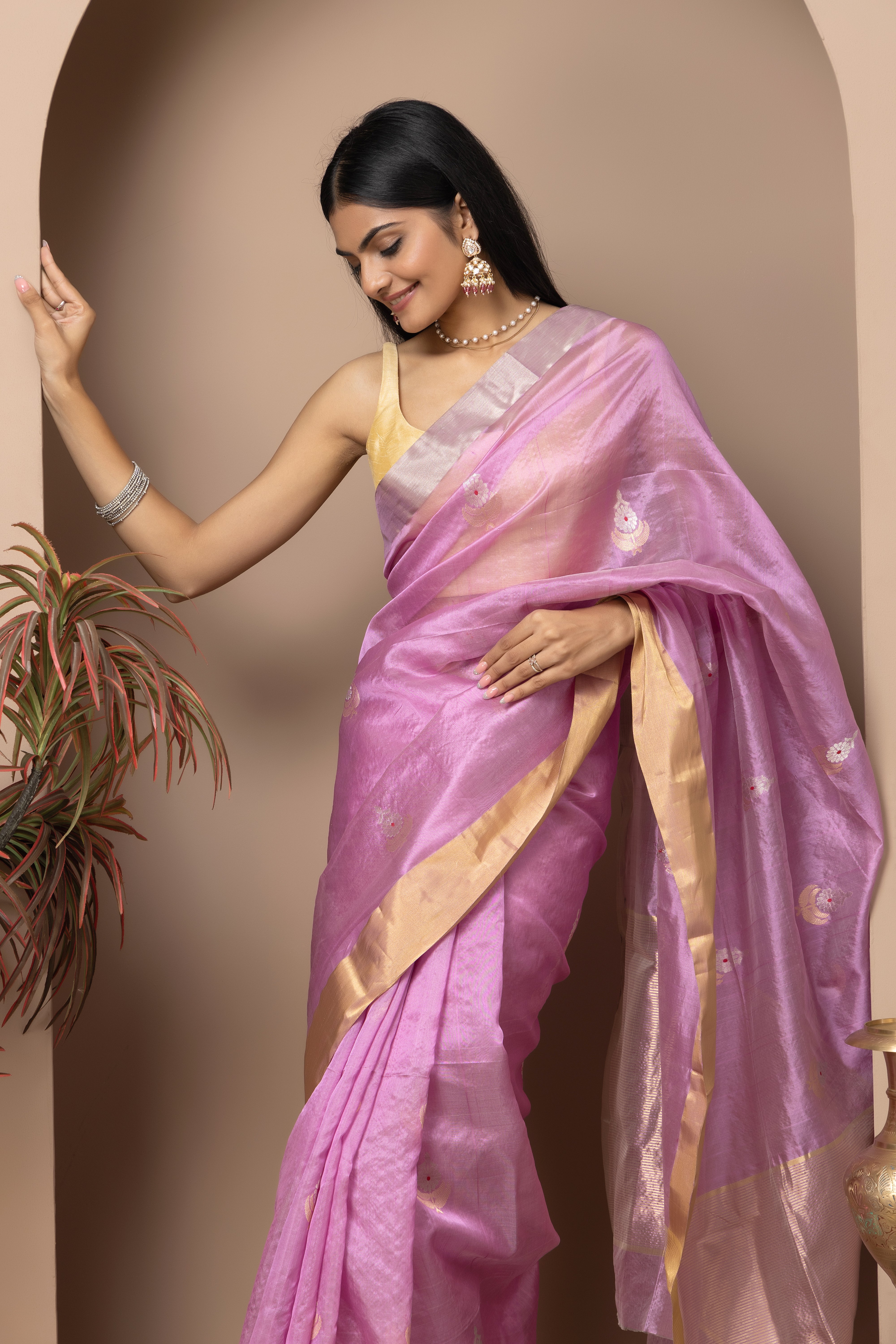 Chanderi handwoven pure pattu silk mauve colour saree