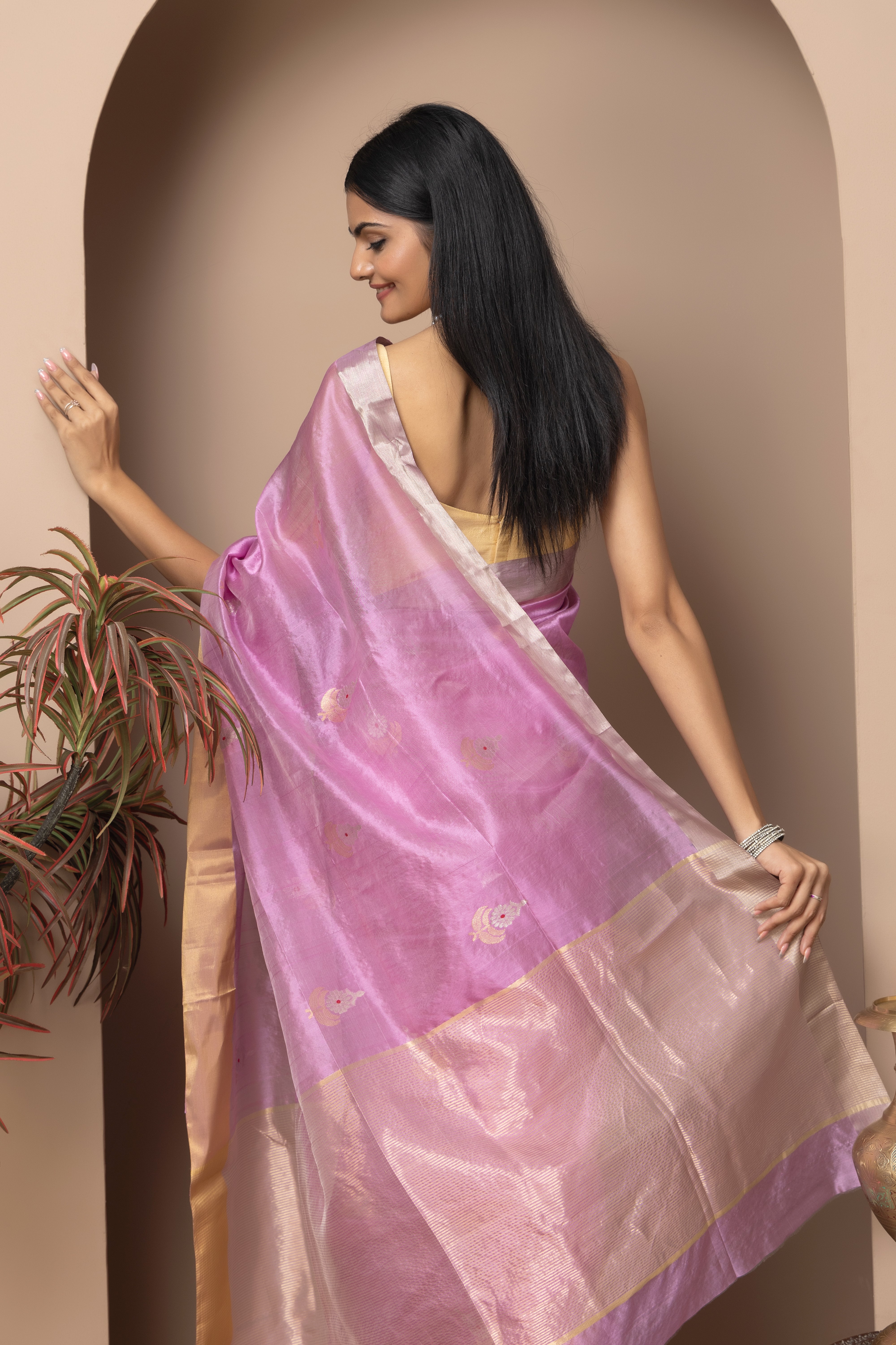 Chanderi handwoven pure pattu silk mauve colour saree