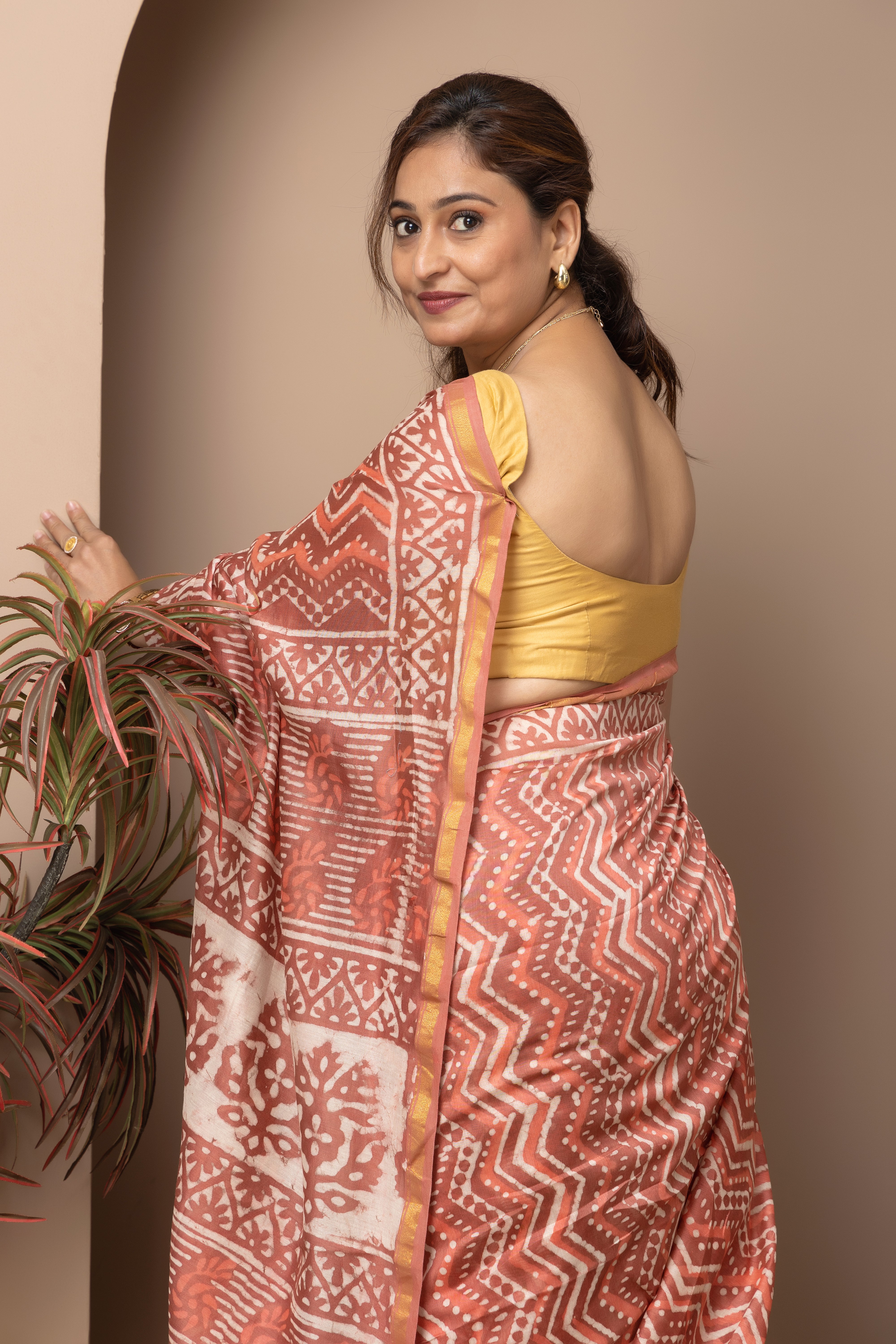 Chanderi cotton silk hand block coral pink saree