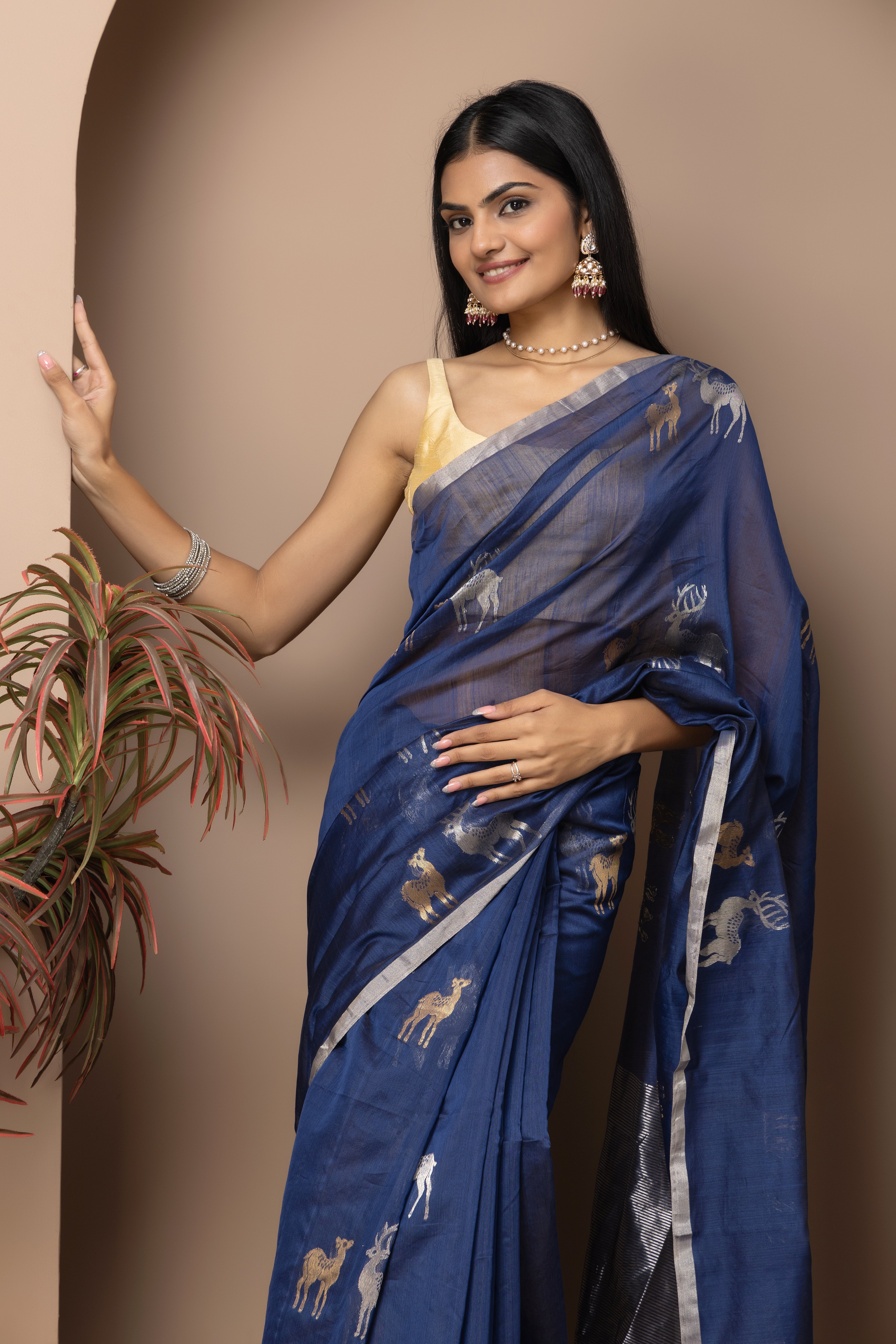 Chanderi handwoven pure pattu silk ink blue saree