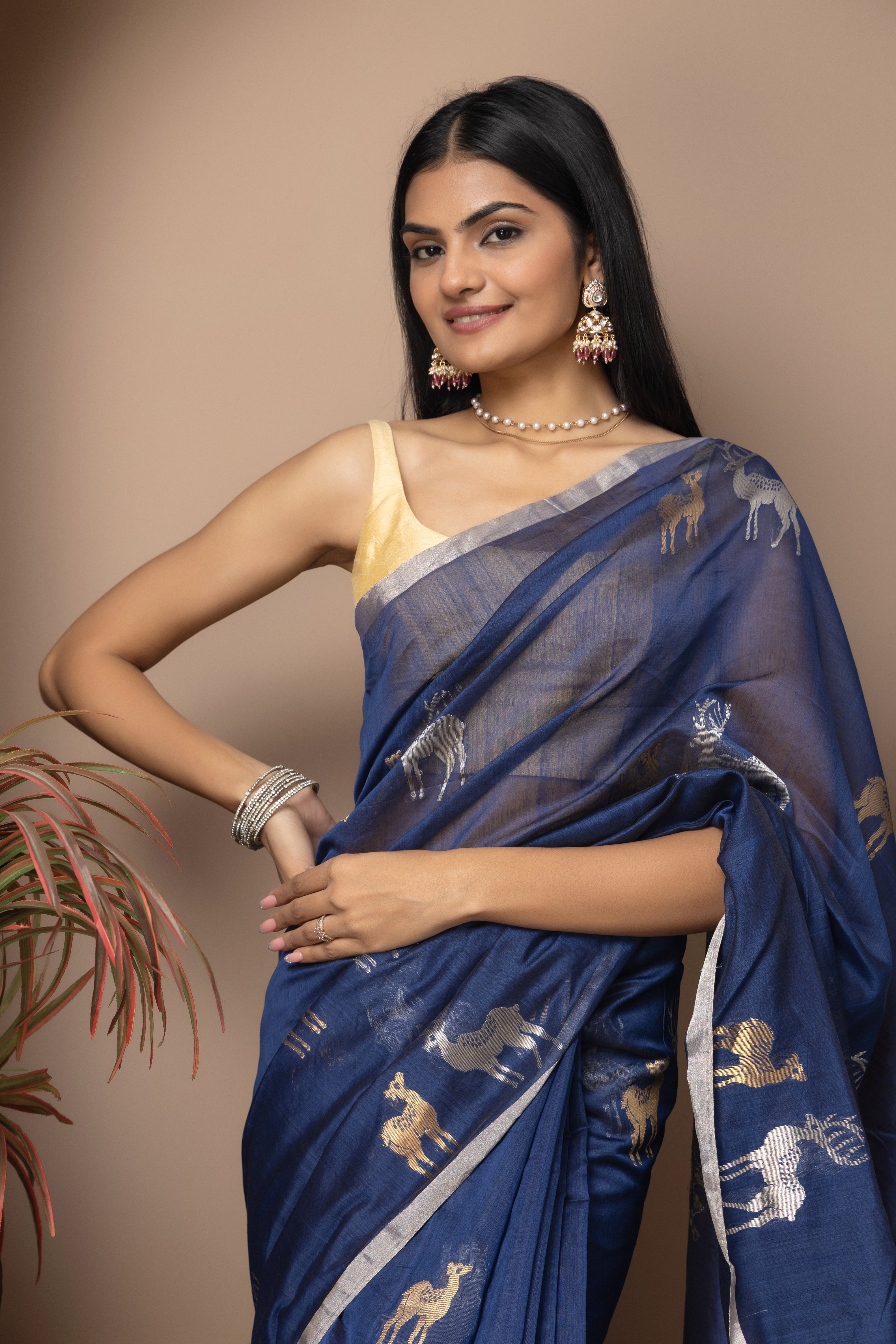 Chanderi handwoven pure pattu silk ink blue saree