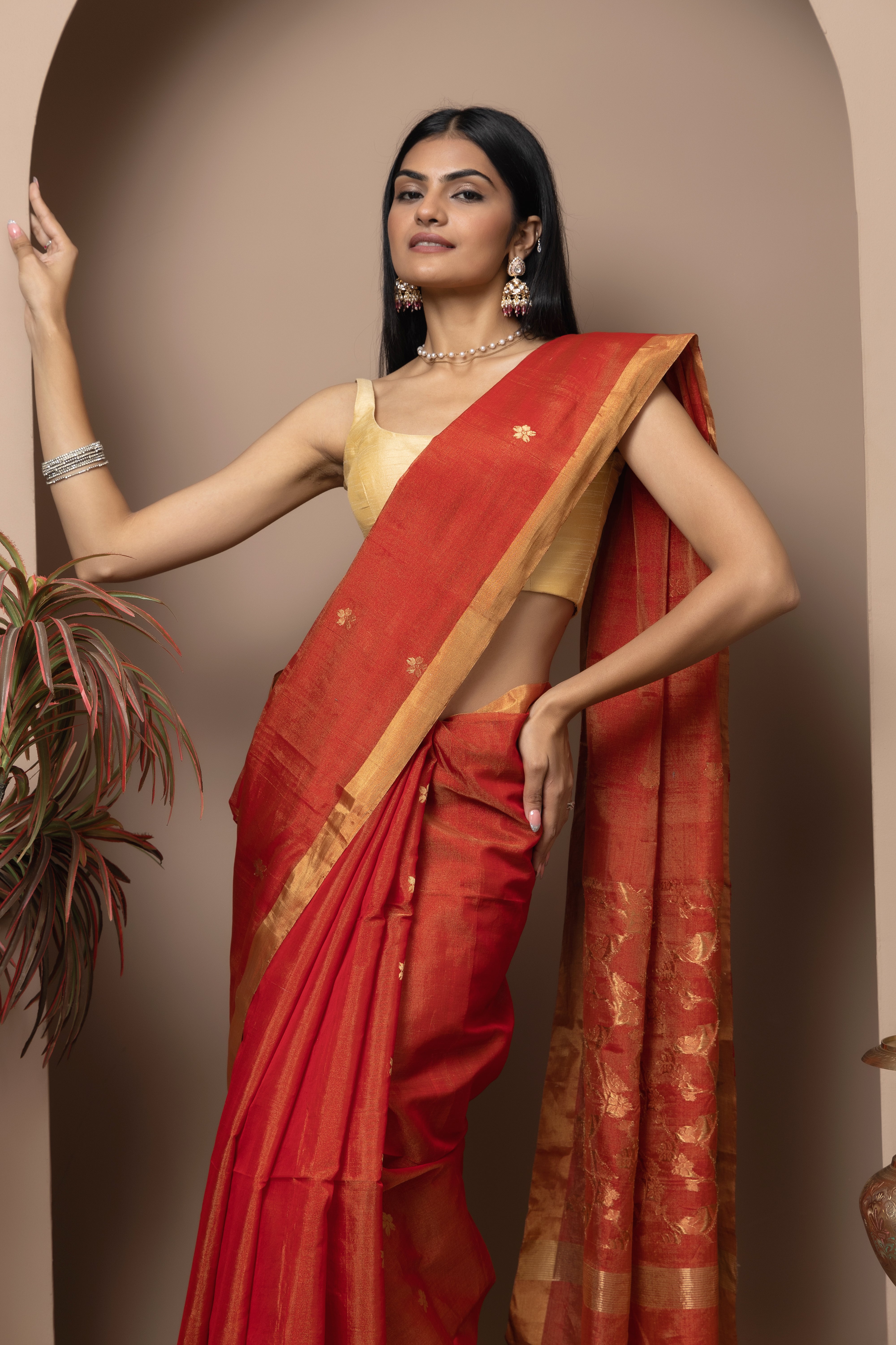 Chanderi handwoven pure Tissue silk coral red colour saree