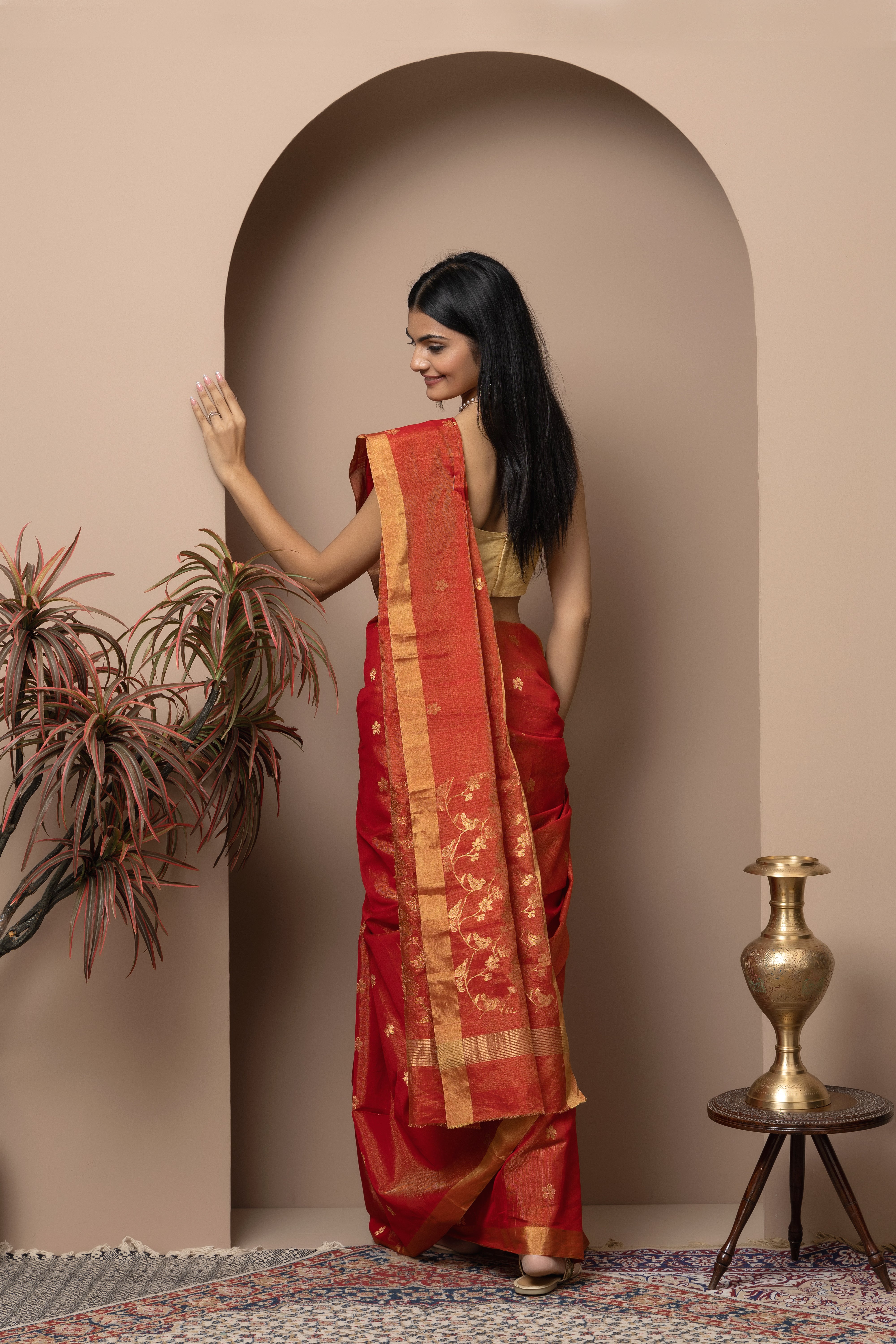 Chanderi handwoven pure Tissue silk coral red colour saree