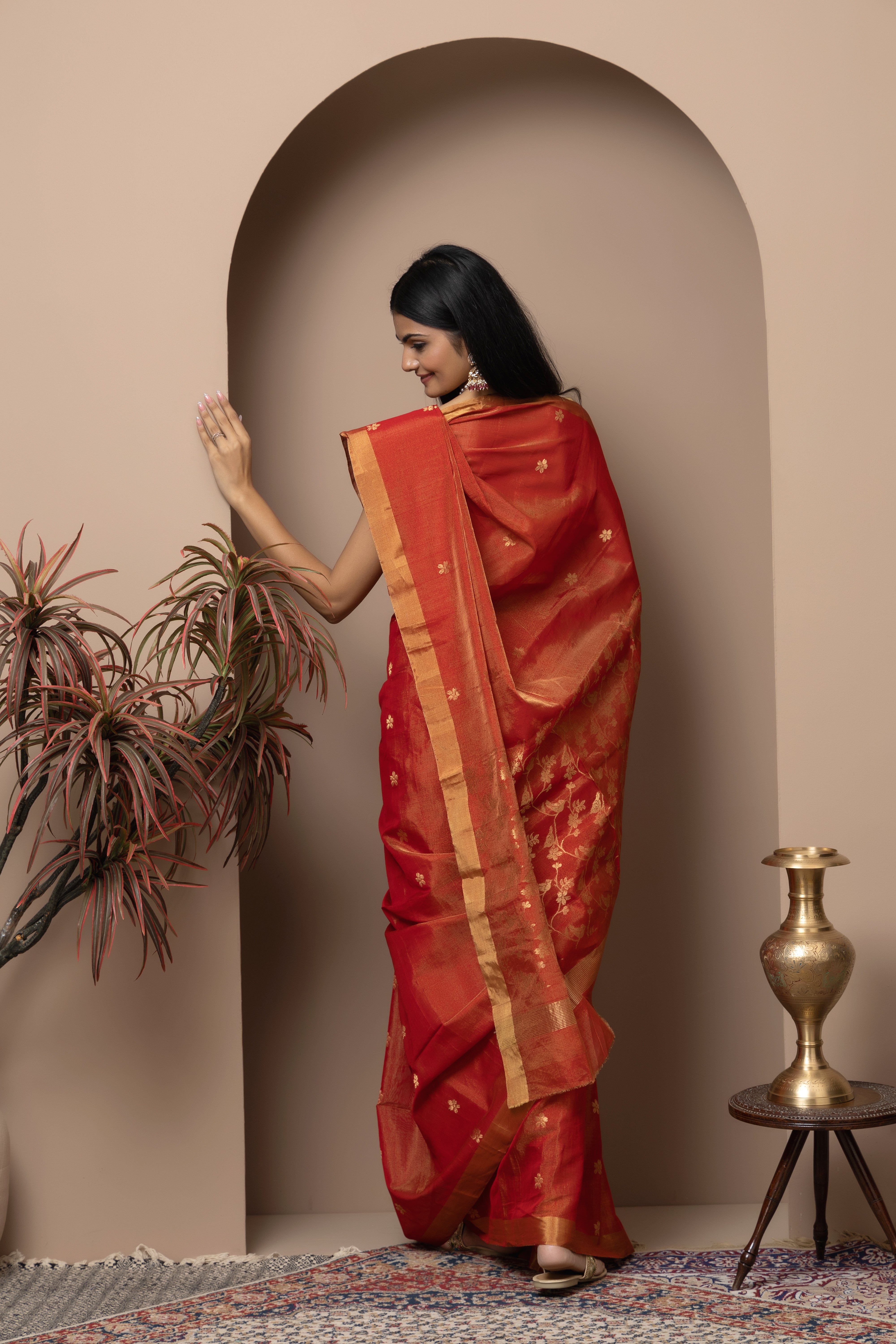 Chanderi handwoven pure Tissue silk coral red colour saree
