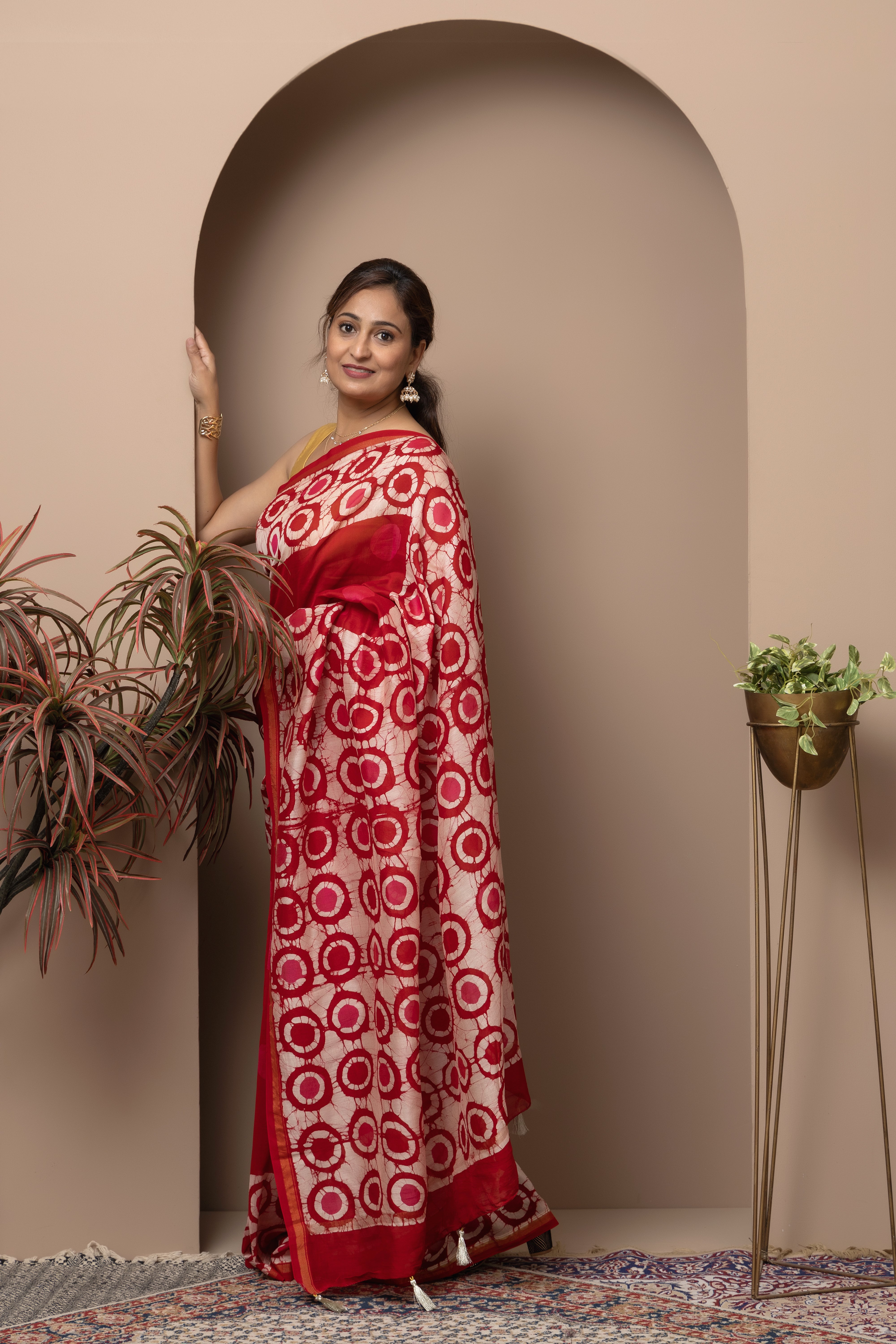 Chanderi cotton silk red batik dye saree