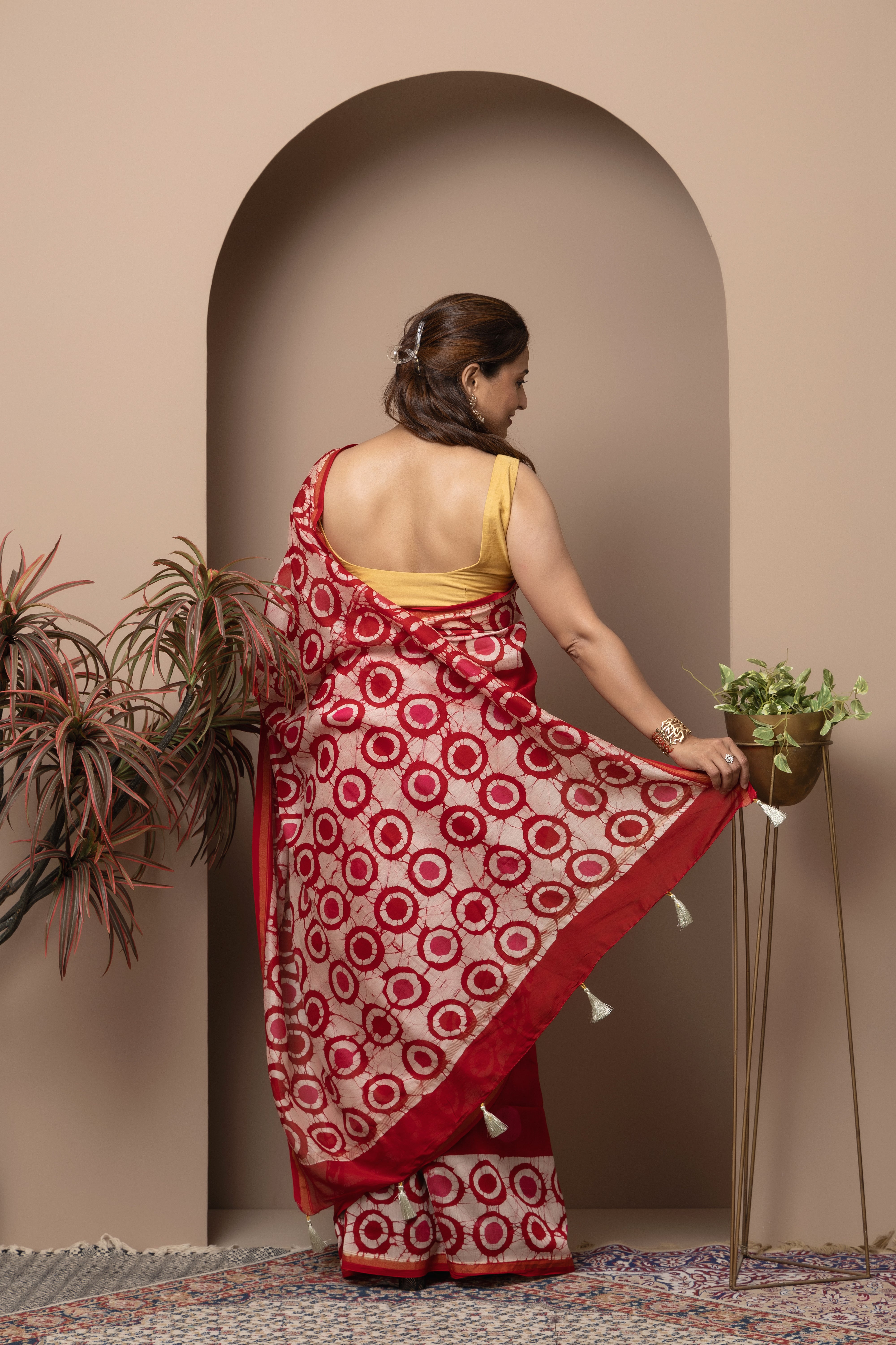 Chanderi cotton silk red batik dye saree