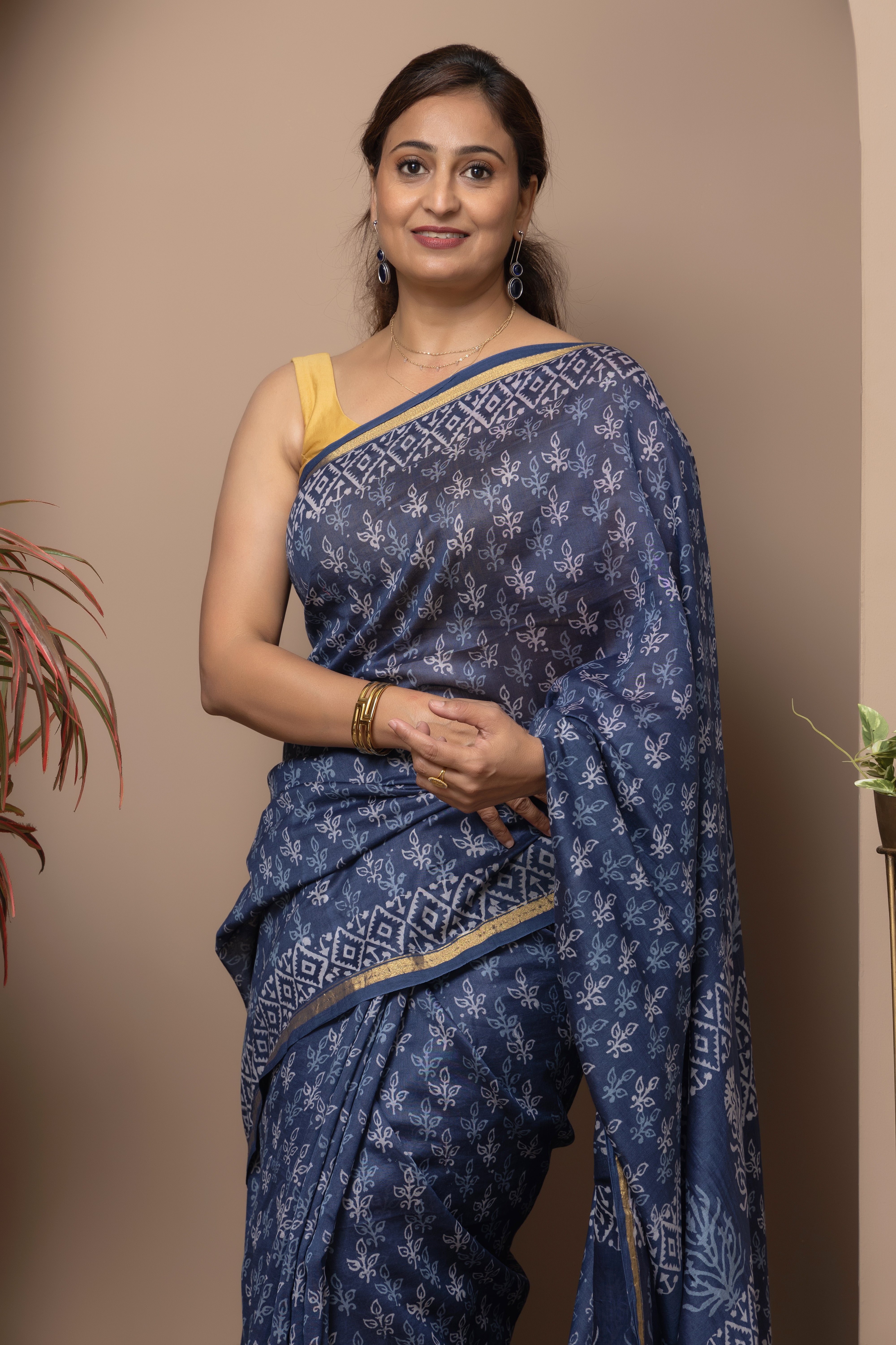 Cotton silk hand block indigo saree