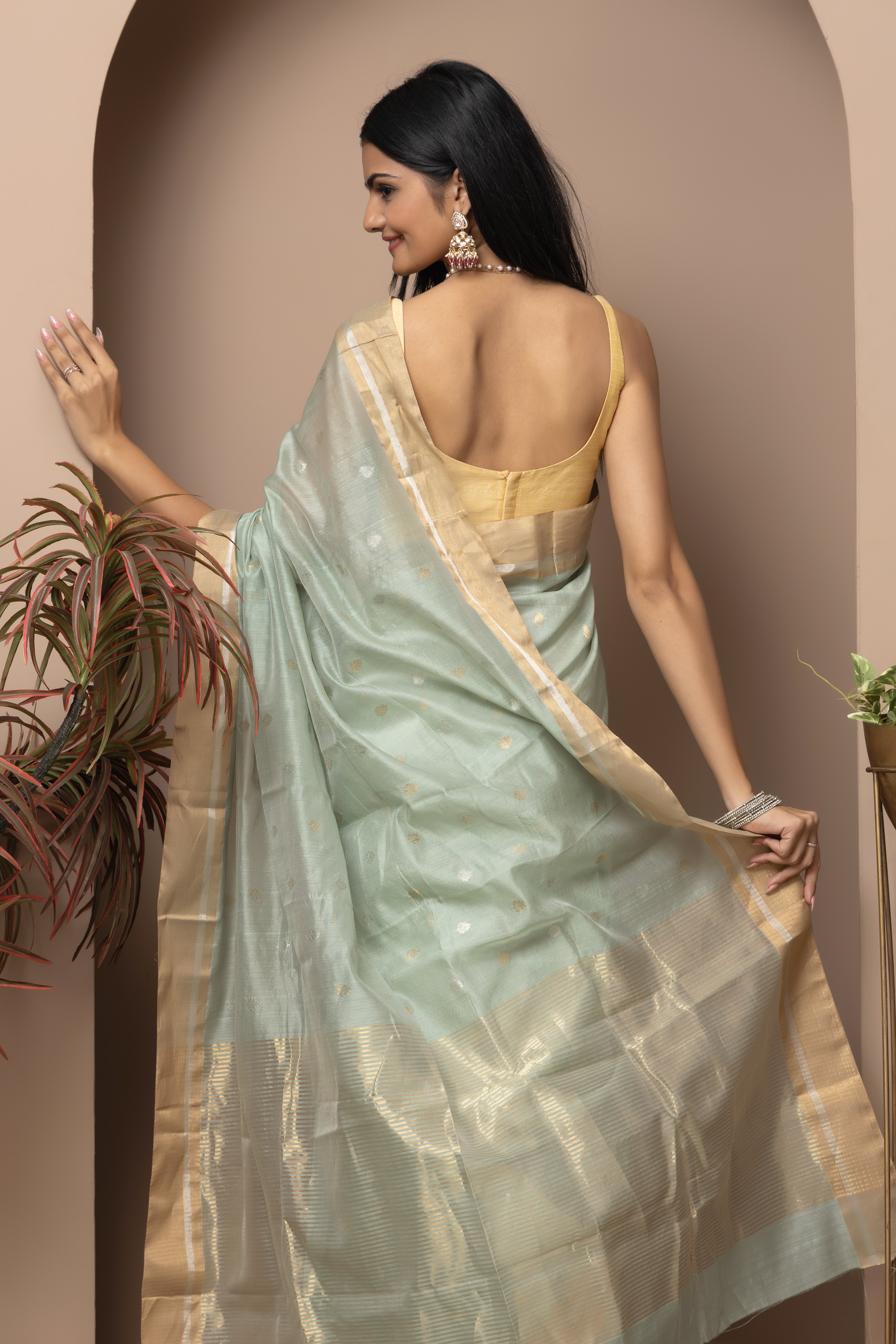 Chanderi handwoven pure pattu silk sea green saree