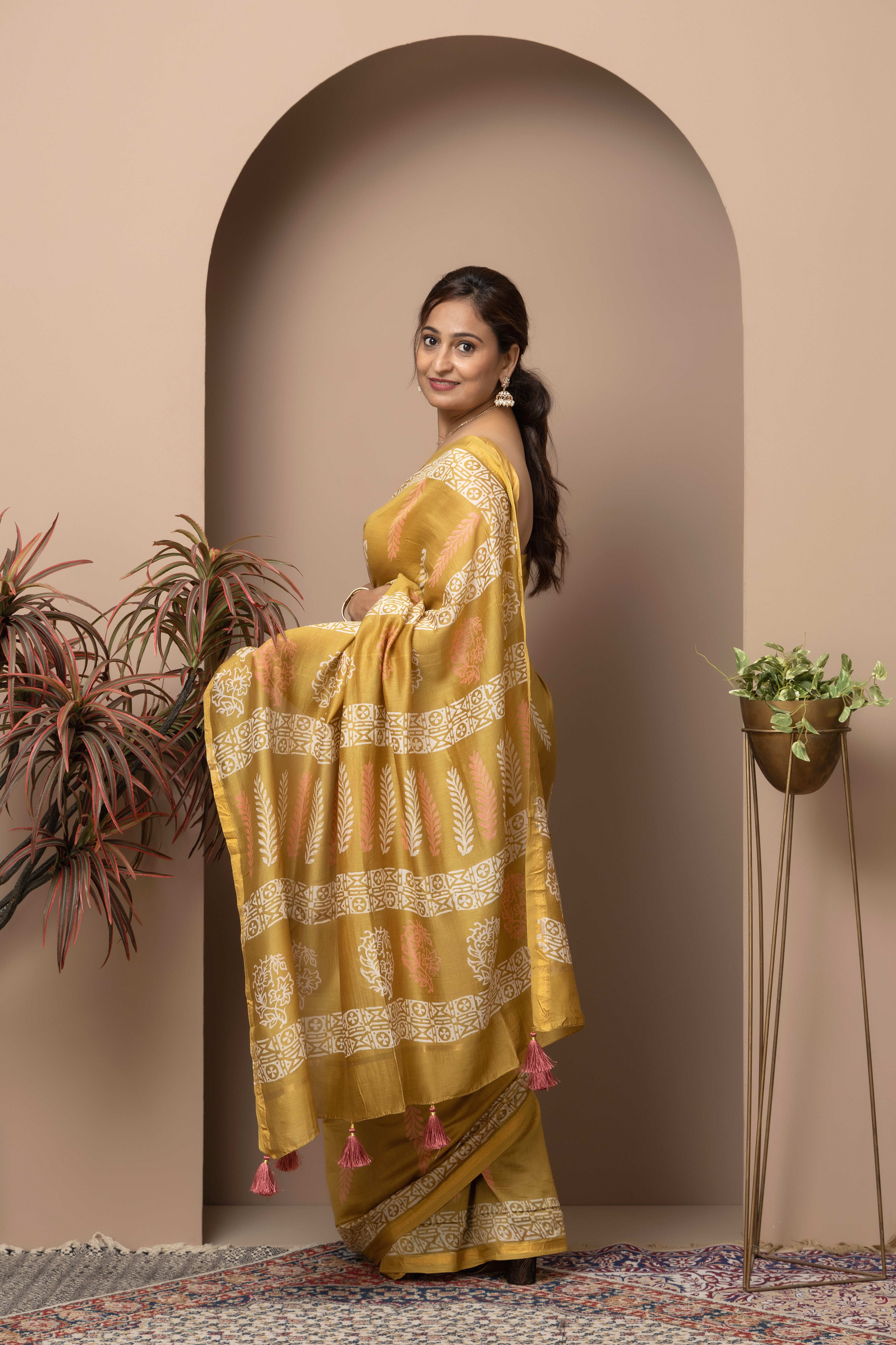 Cotton silk hand block mustard colour saree