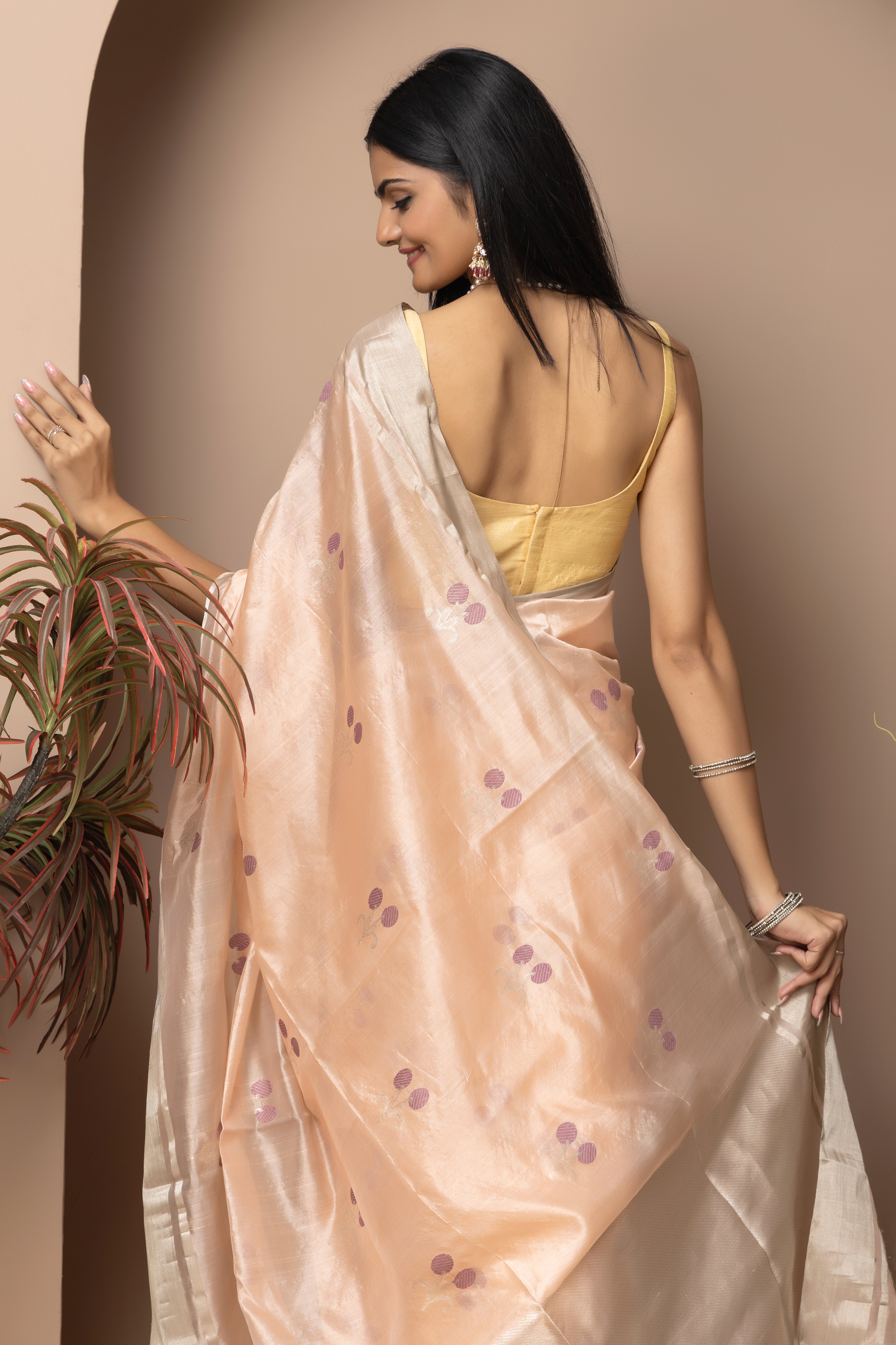 Chanderi handwoven pure pattu pastel peach saree