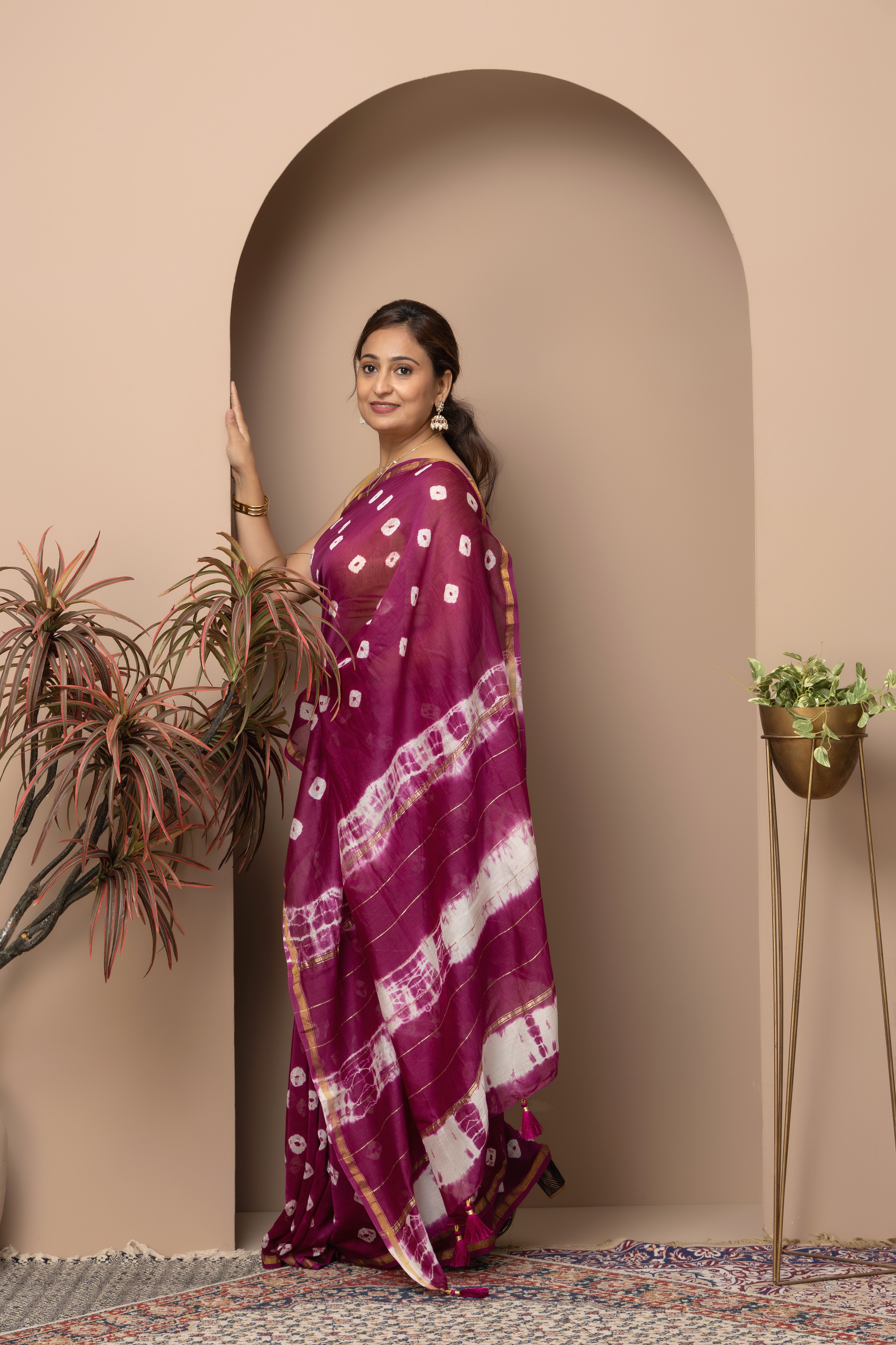 Chanderi mauve cotton silk saree with shibori tie & Dye