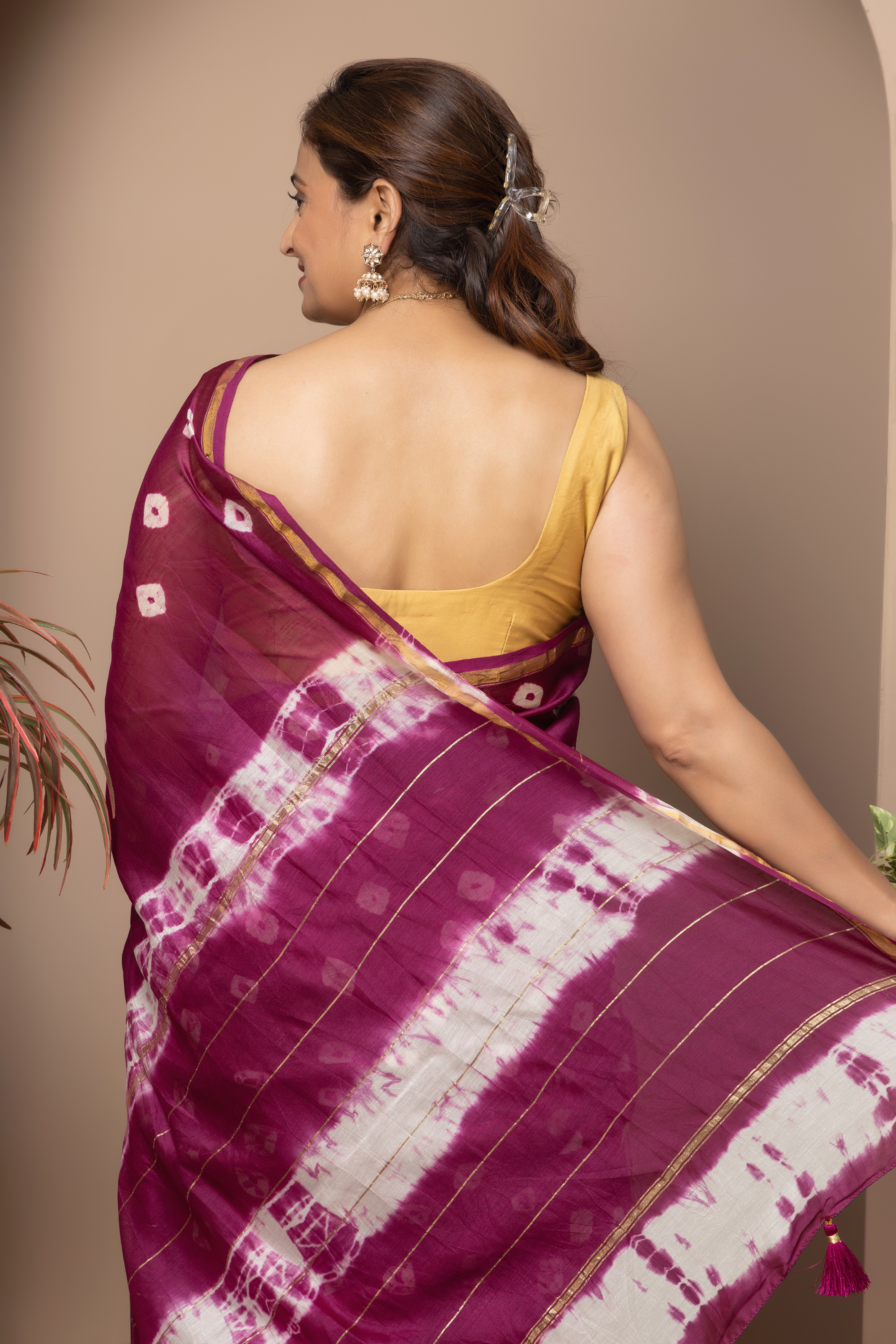 Chanderi mauve cotton silk saree with shibori tie & Dye