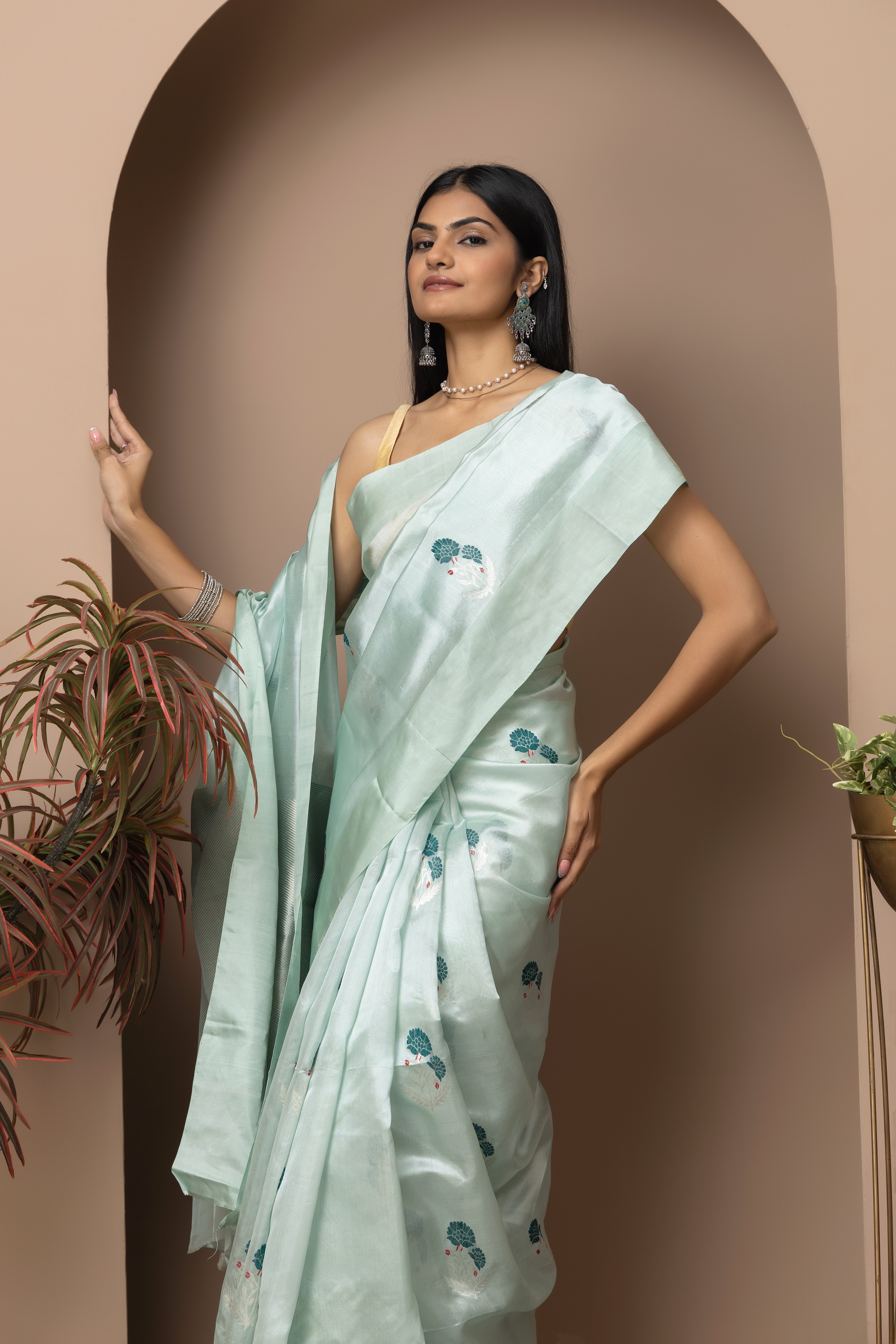 Chanderi handwoven pure pattu silk pastel sea green saree