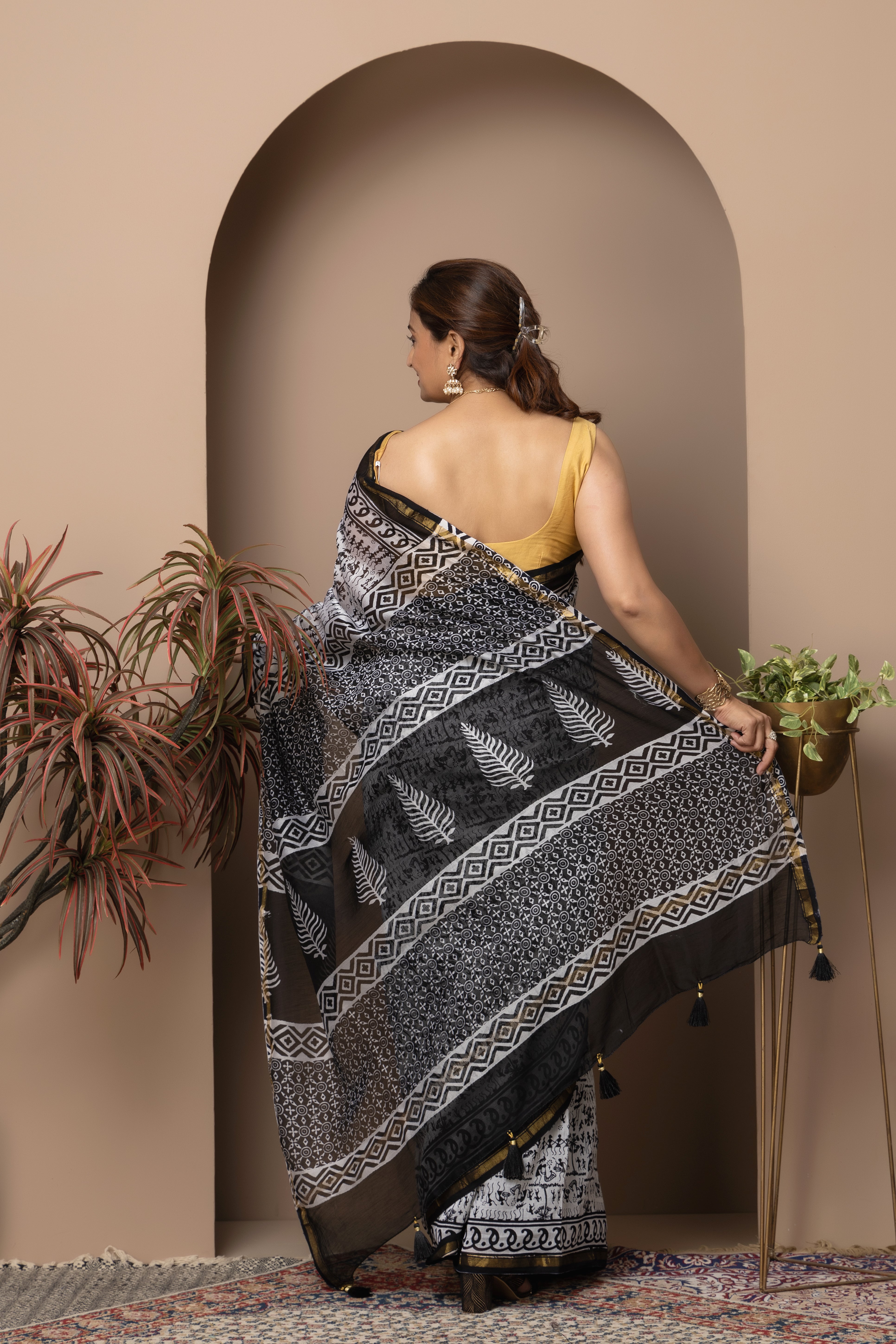 Chanderi cotton silk black-white hand block print saree