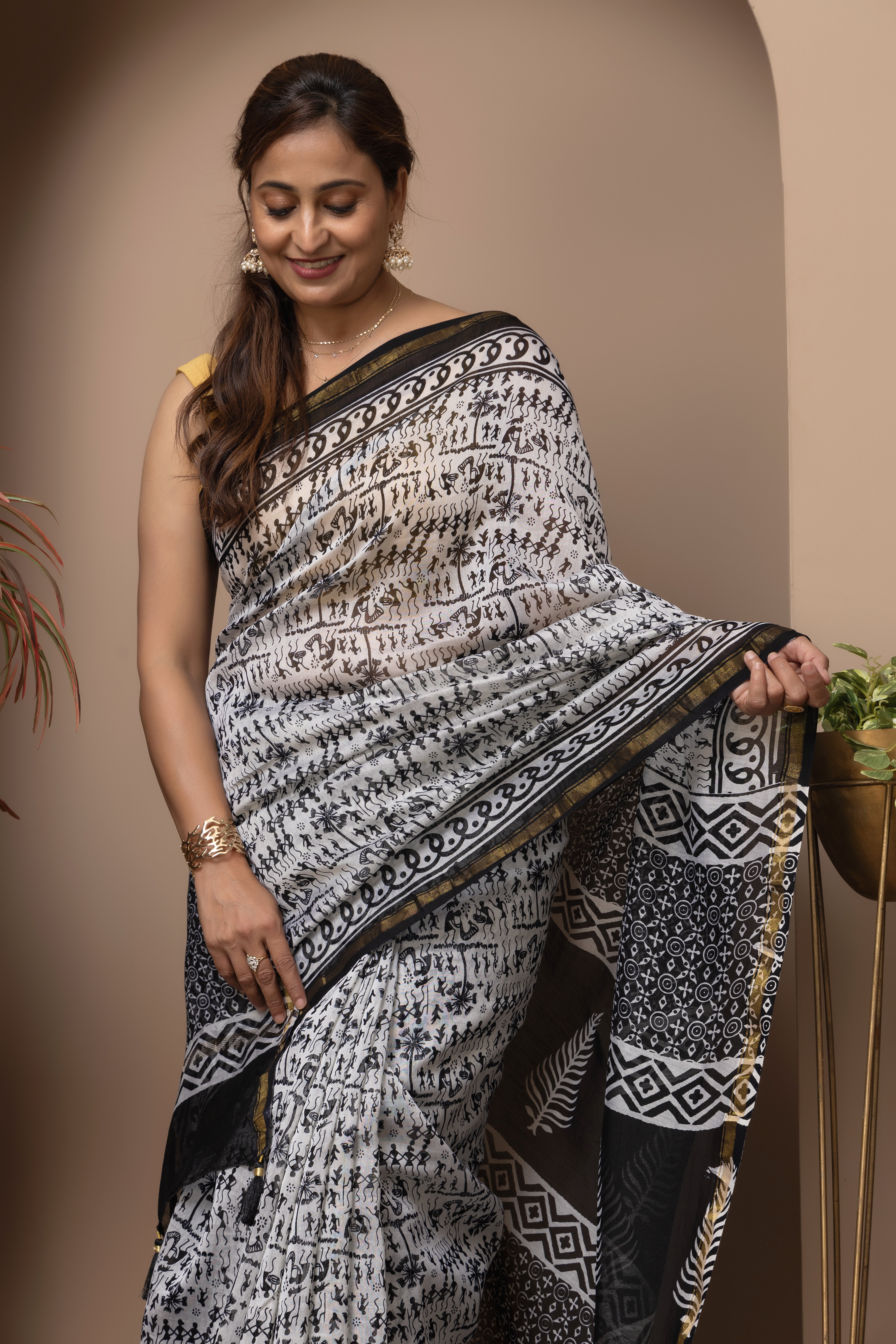 Chanderi cotton silk black-white hand block print saree
