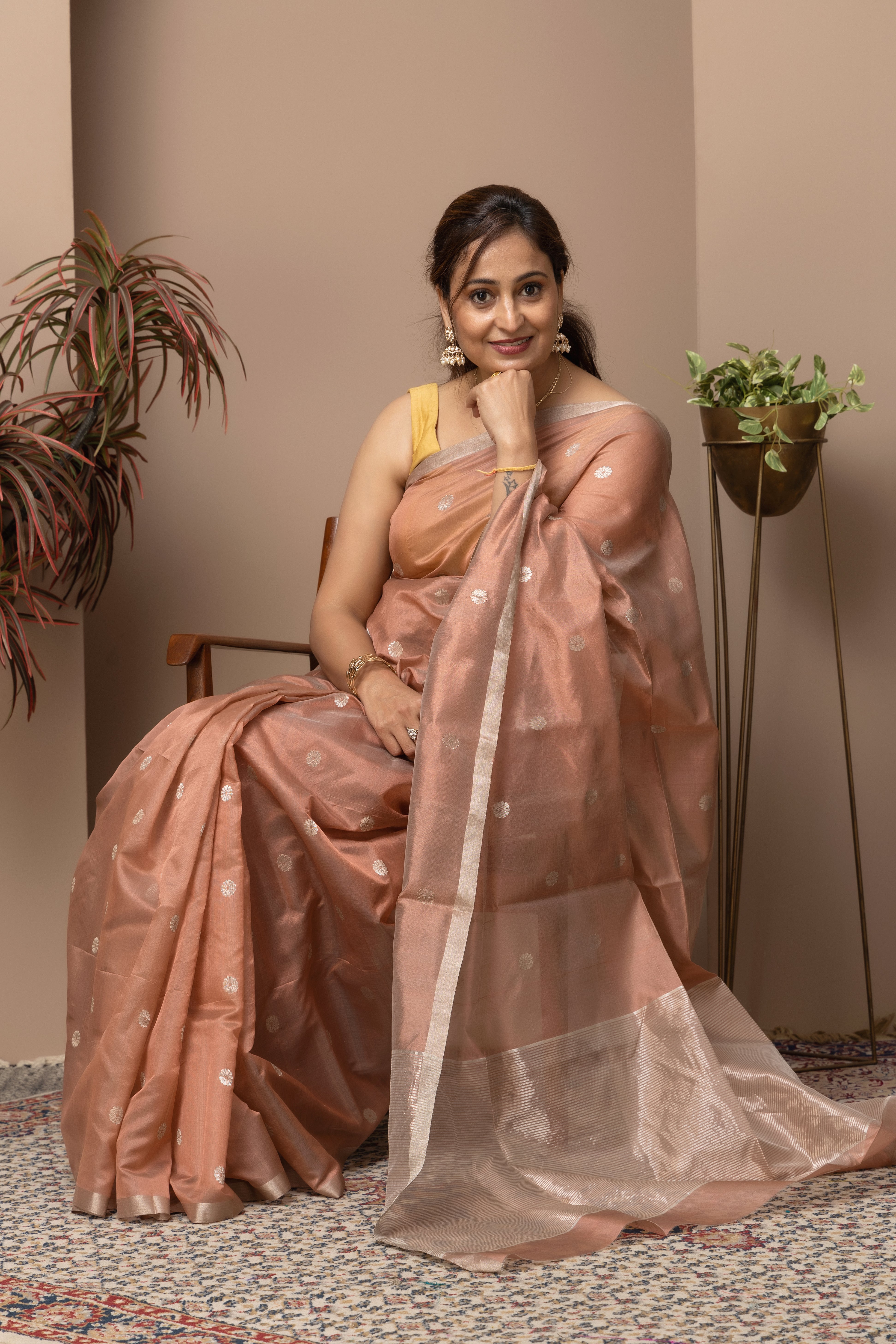 Chanderi handwoven pure pattu silk rose-copper colour saree