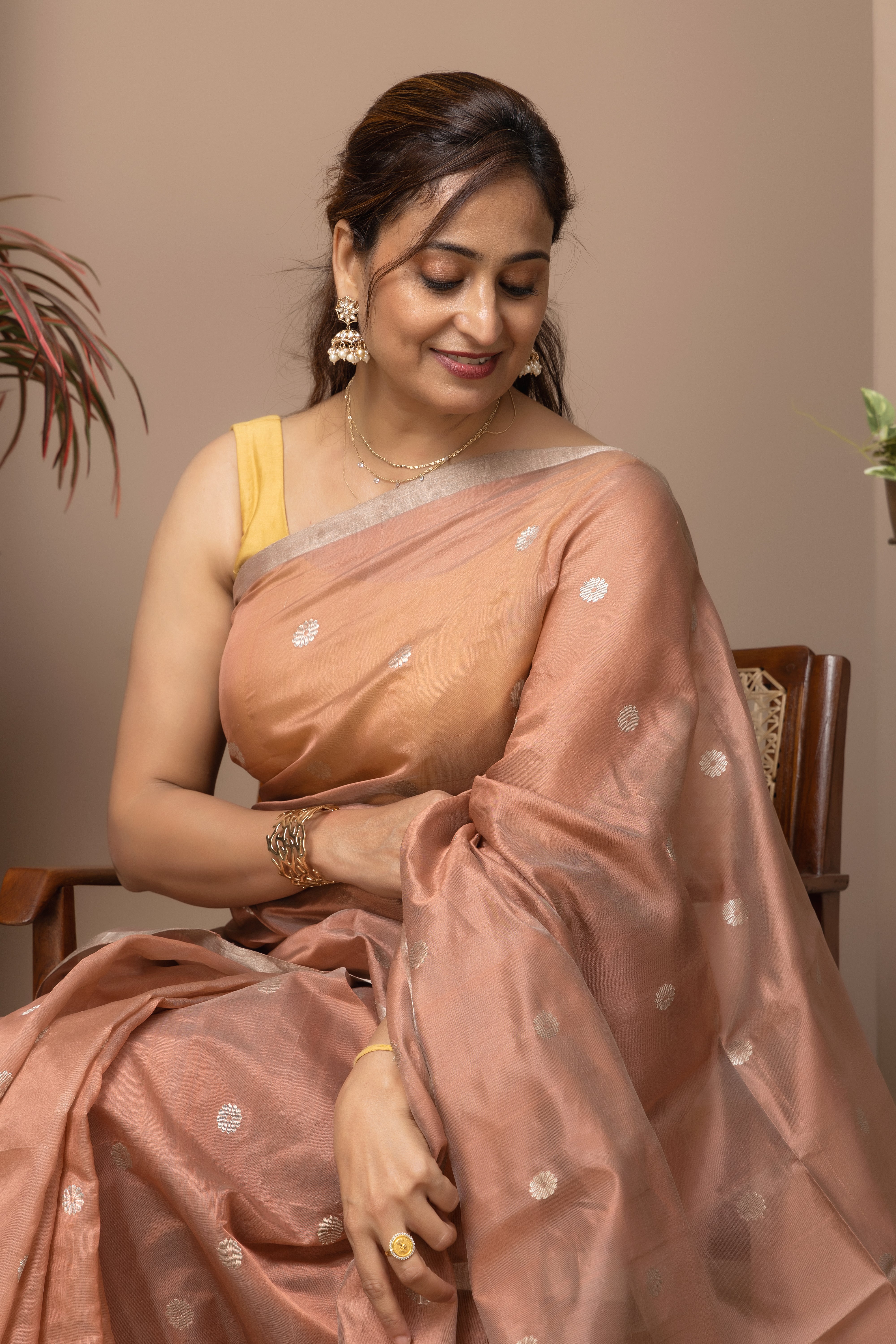 Chanderi handwoven pure pattu silk rose-copper colour saree