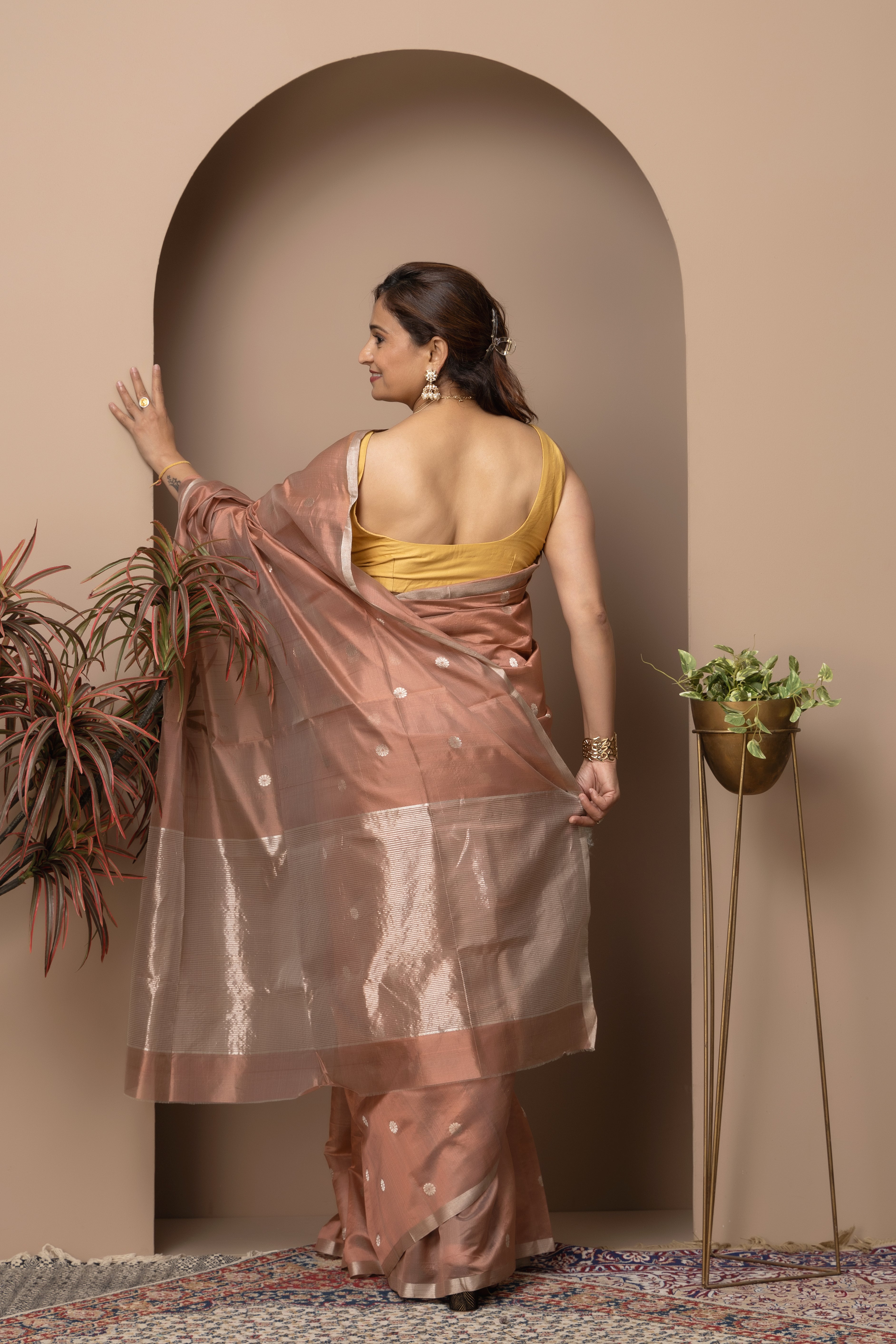 Chanderi handwoven pure pattu silk rose-copper colour saree