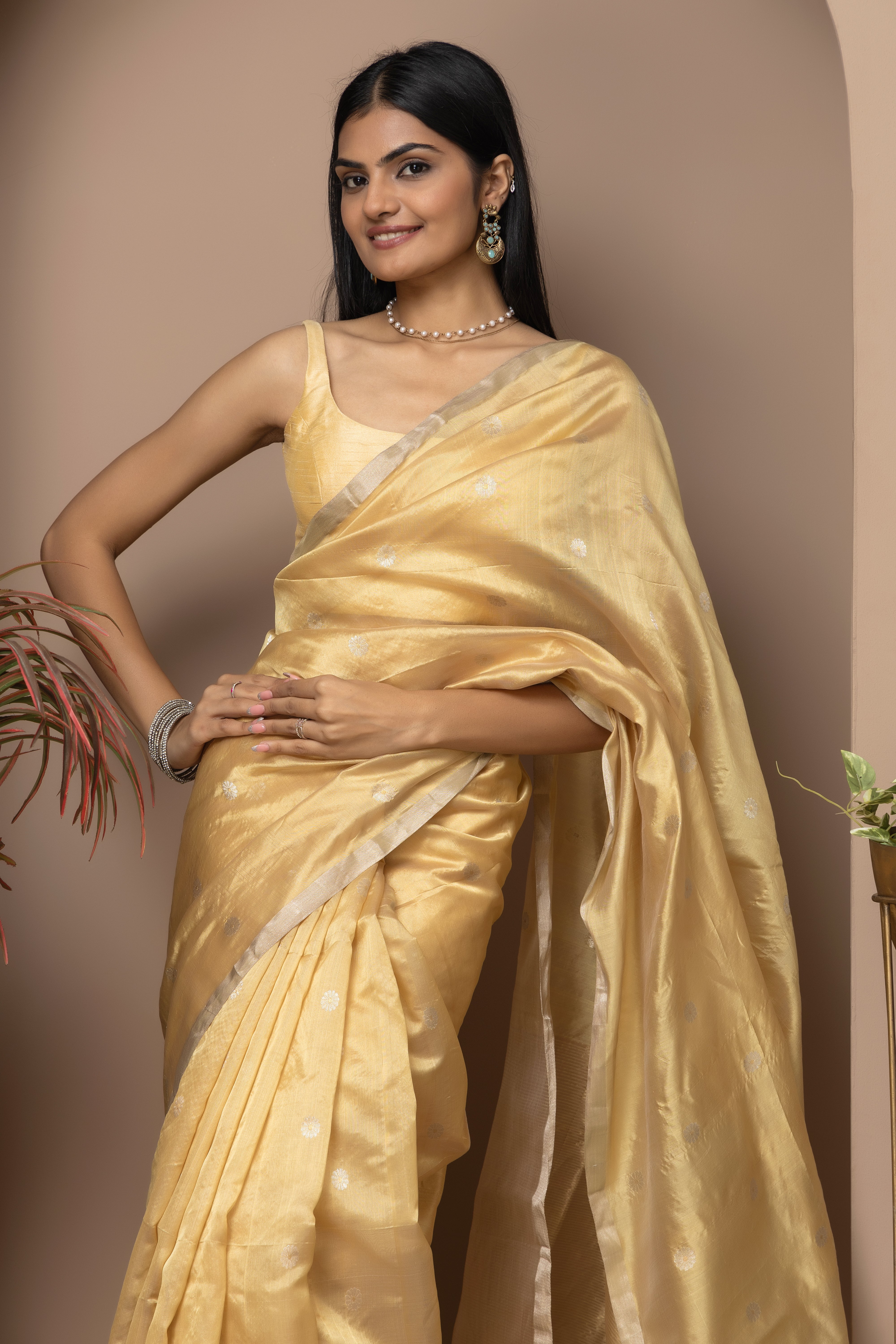 Chanderi handwoven pure pattu silk yellow-gold colour saree