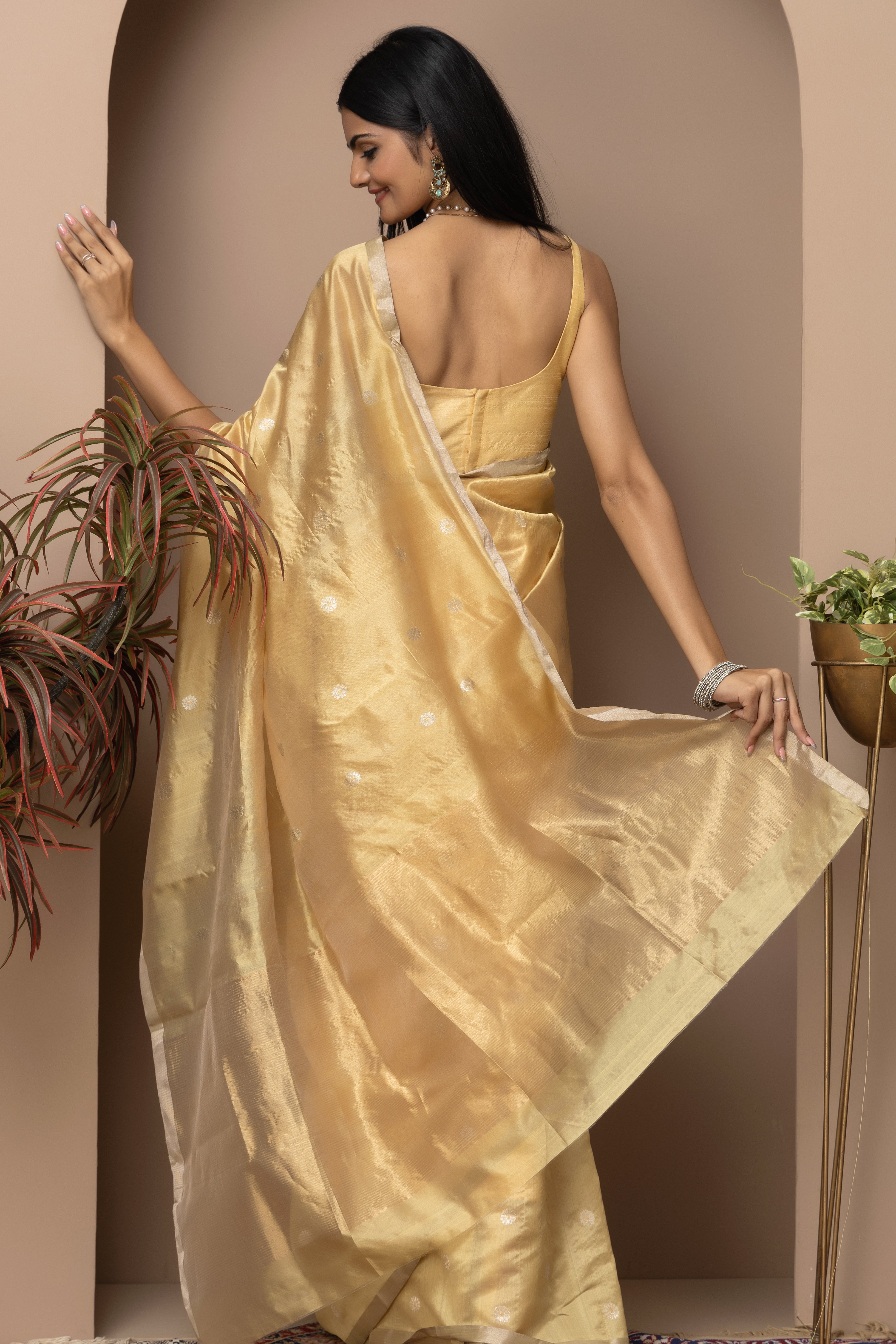 Chanderi handwoven pure pattu silk yellow-gold colour saree