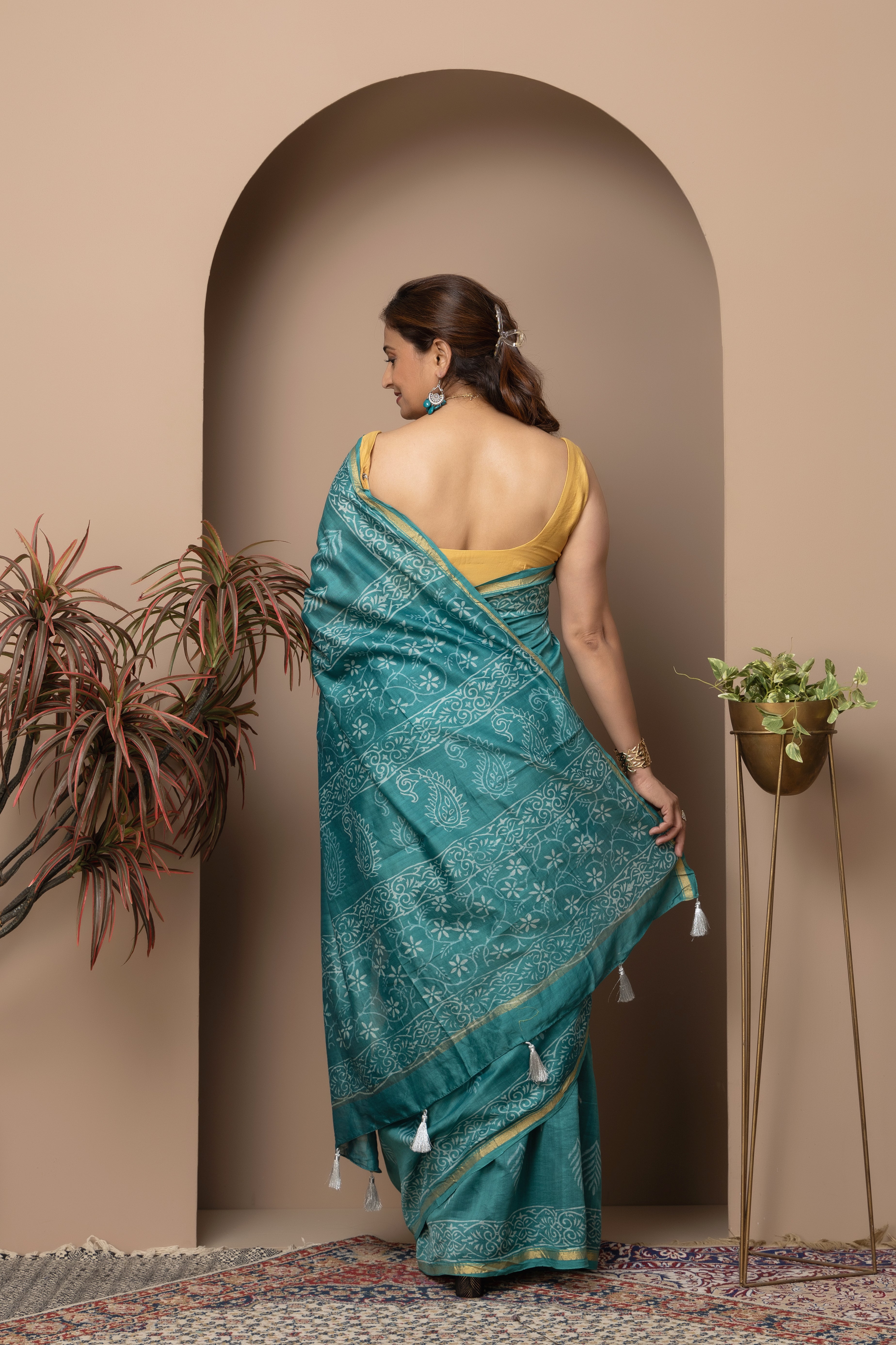 Cotton silk hand block rama-green colour saree