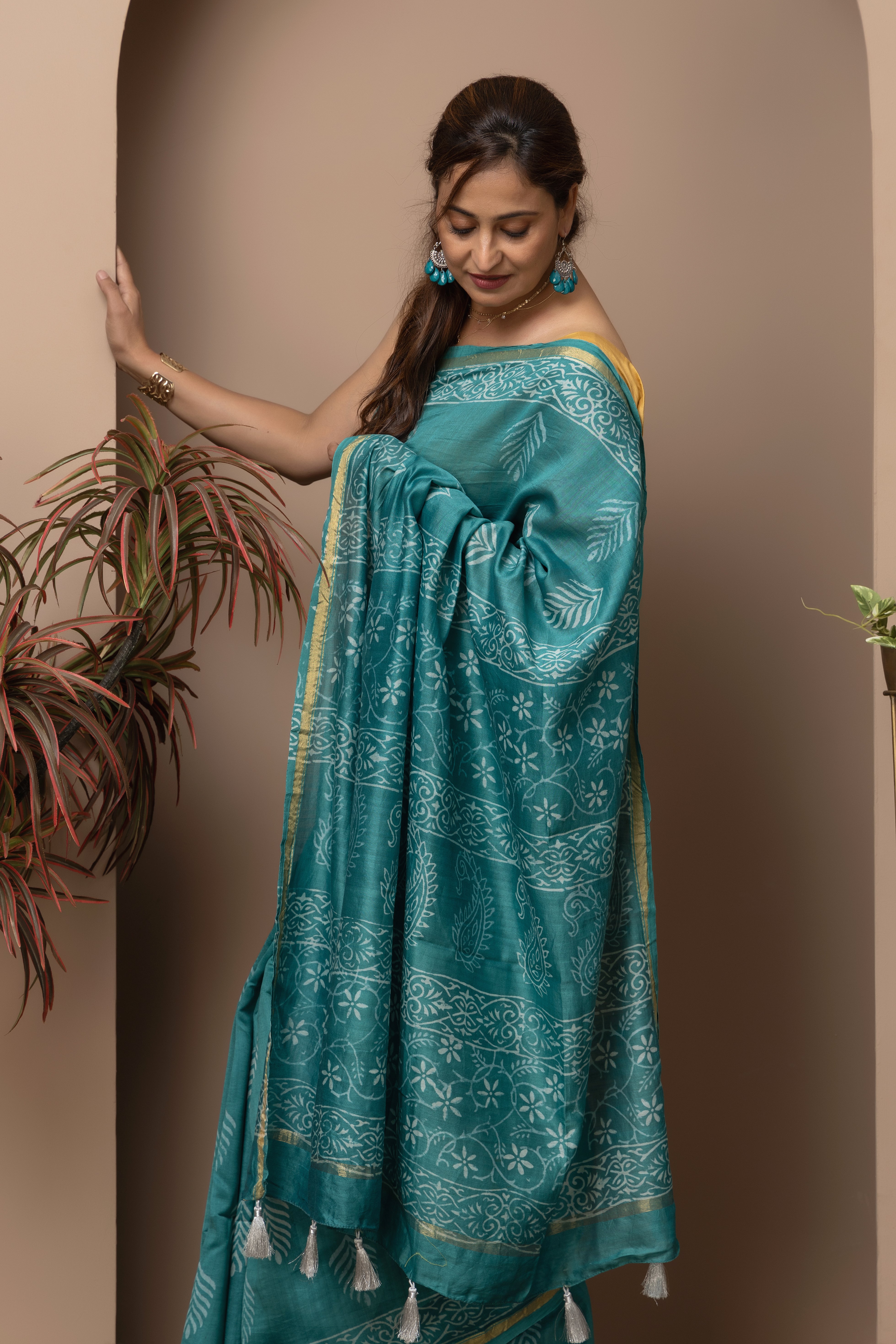 Cotton silk hand block rama-green colour saree
