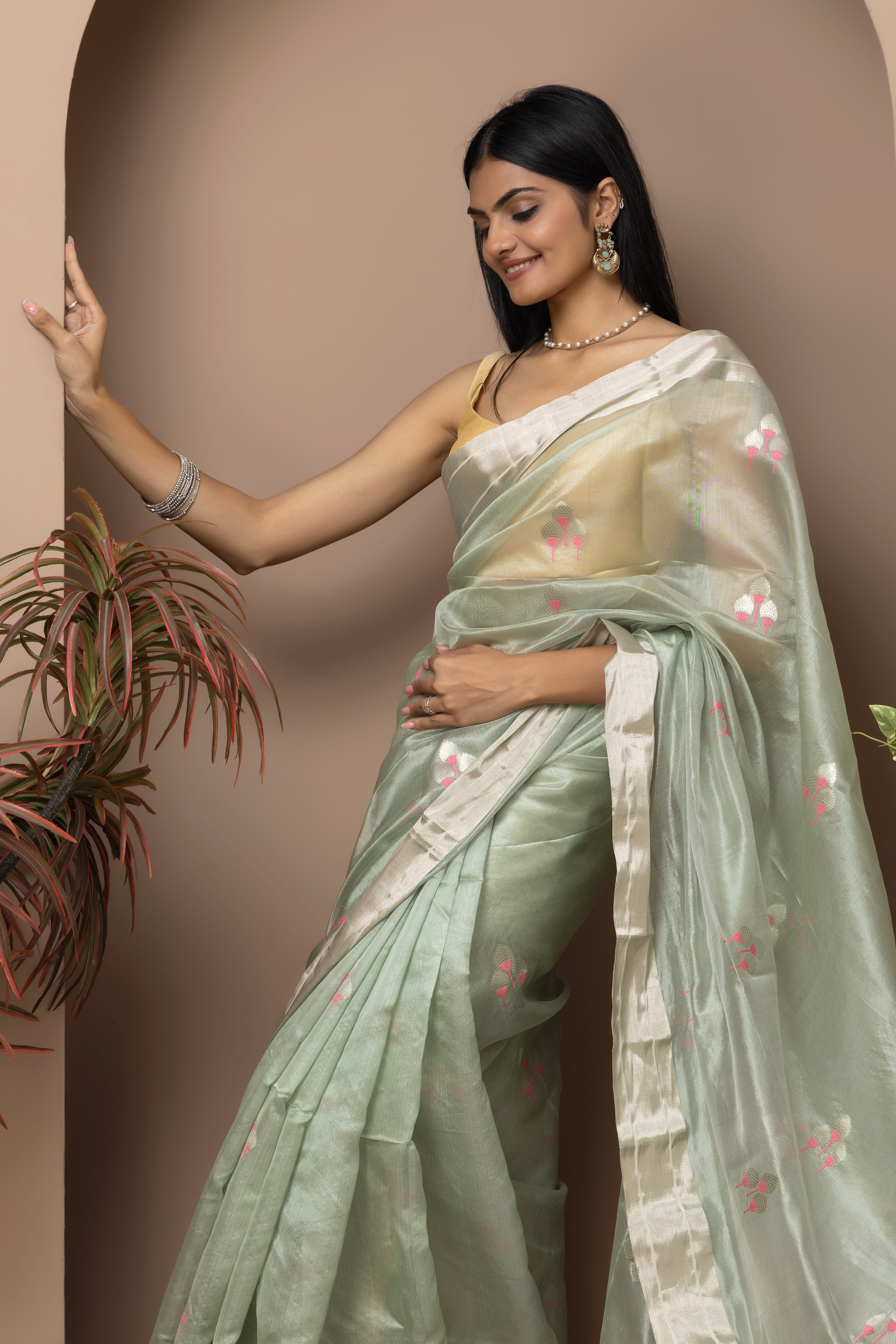 Chanderi handwoven pure pattu silk pastel sea green saree