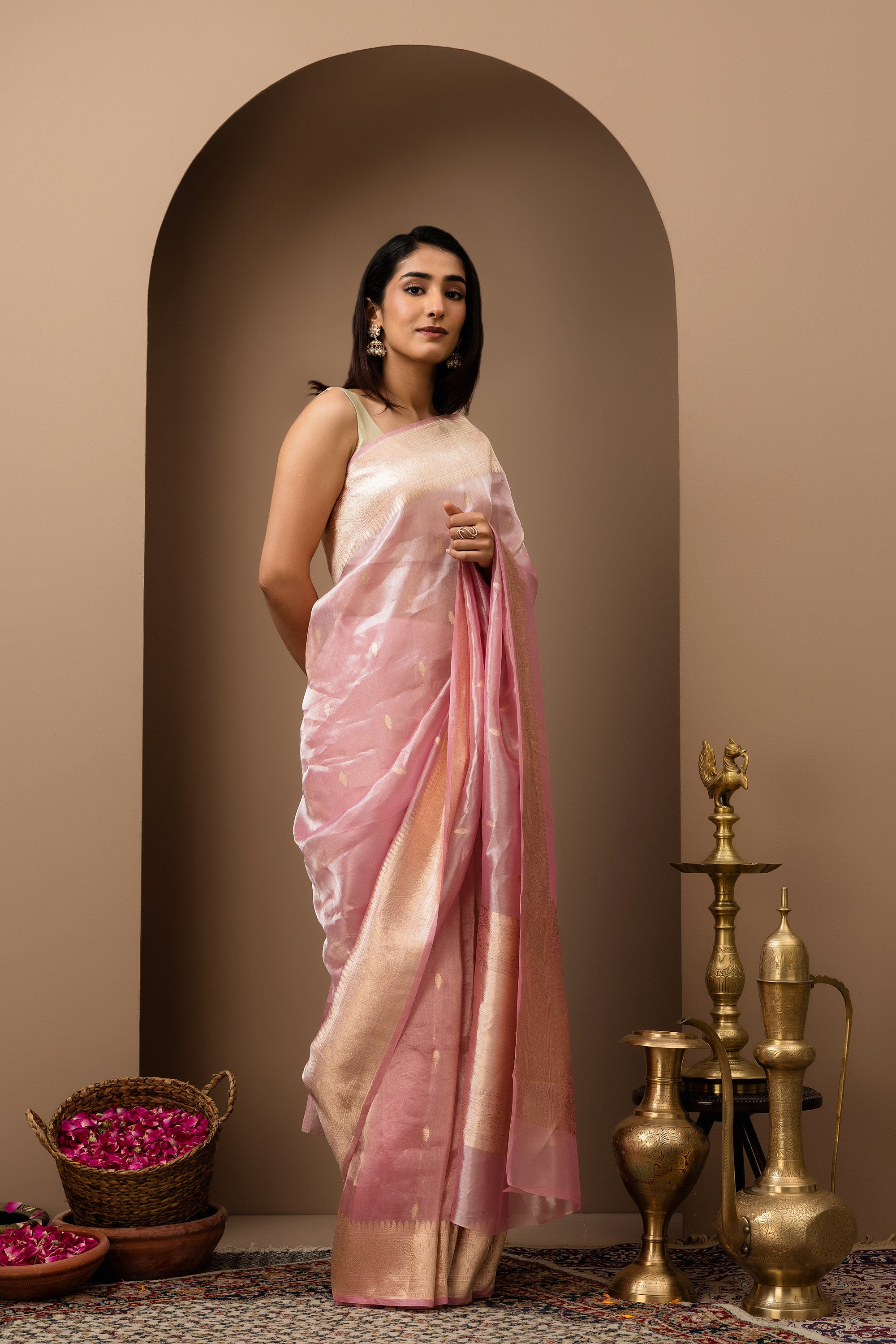 Blush pink handwoven pure tissue silk saree with zari border