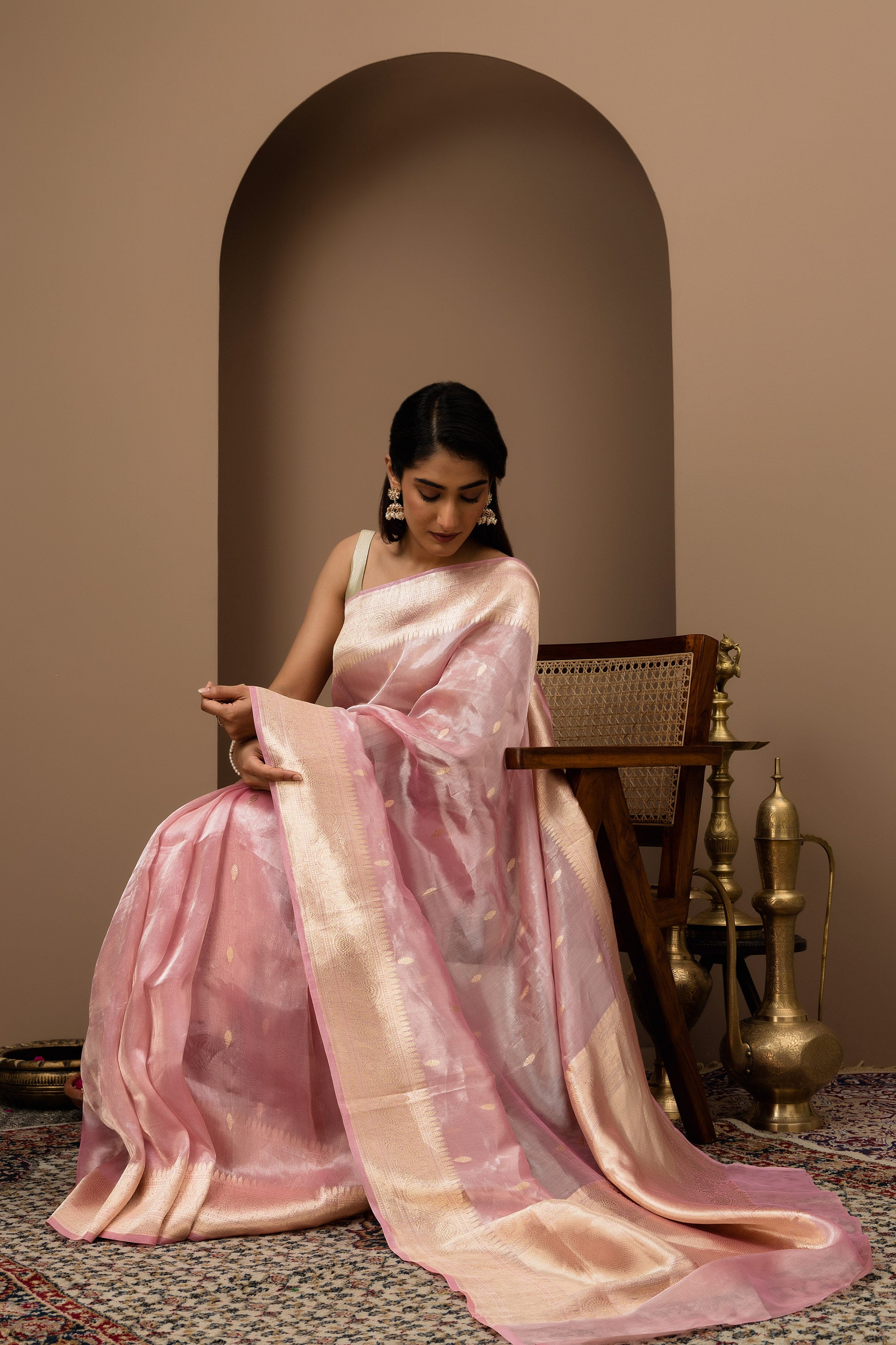 Blush pink handwoven pure tissue silk saree with zari border