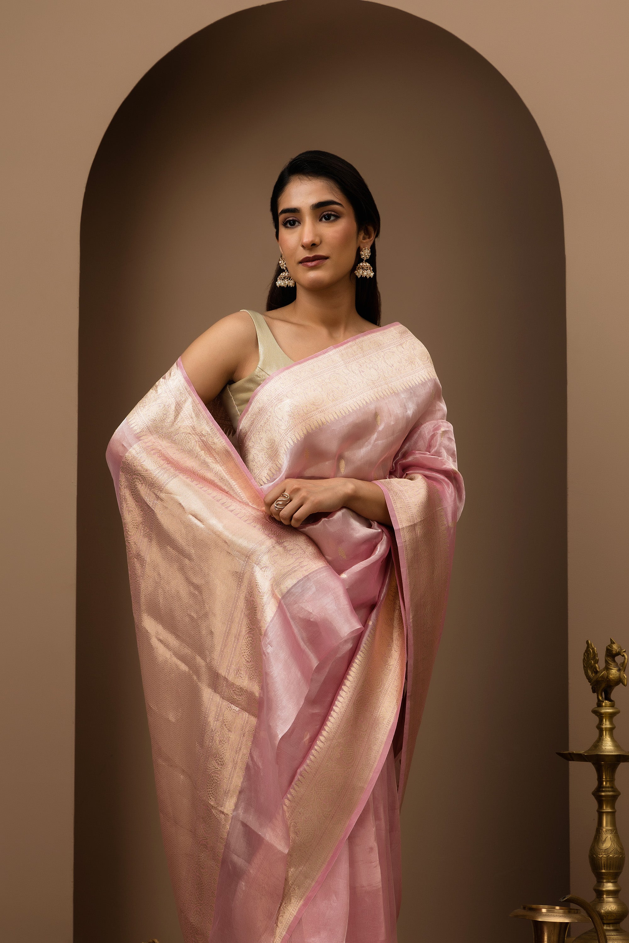 Blush pink handwoven pure tissue silk saree with zari border