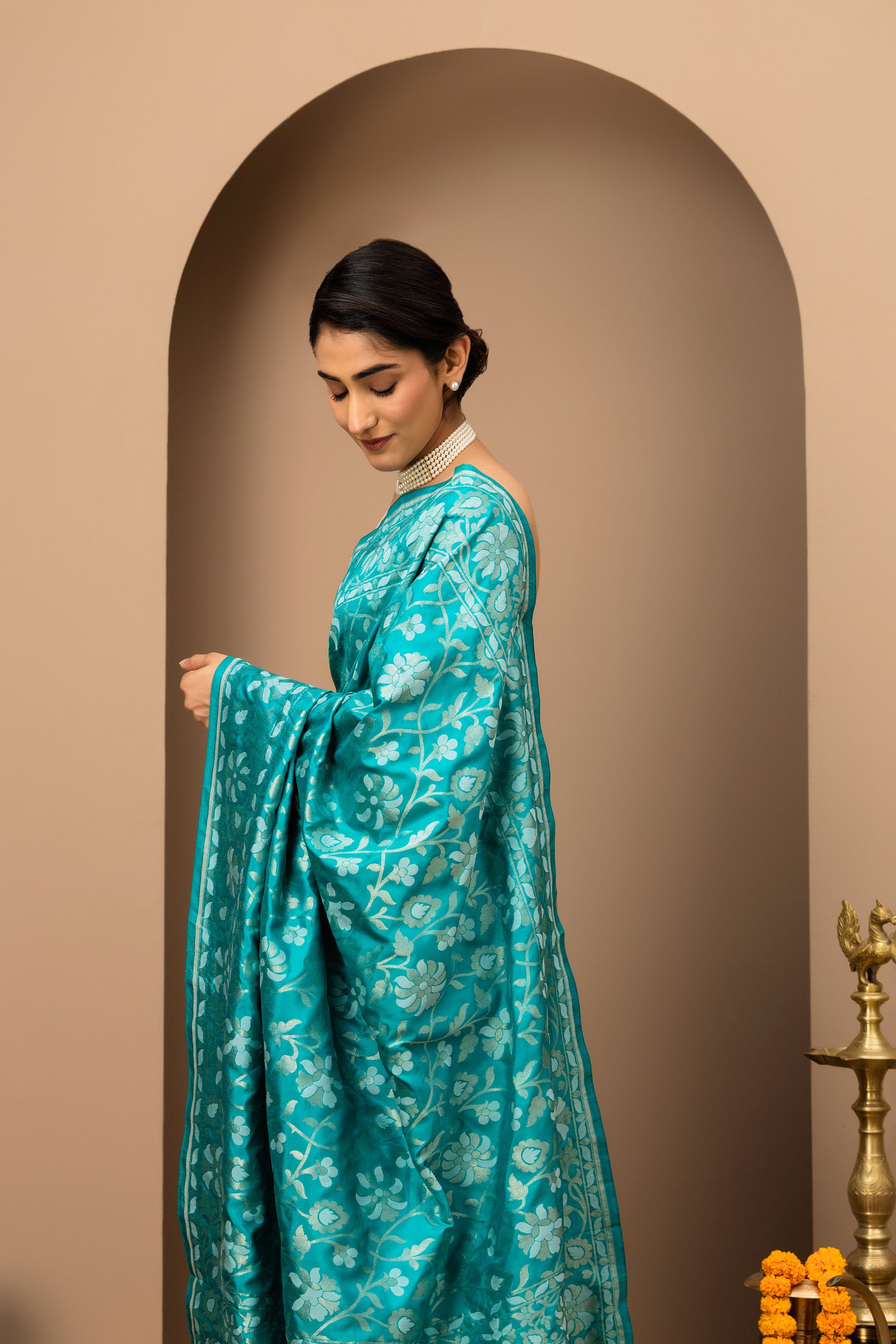 Rama green/ turquoise Green Handwoven pure katan silk Jamdani Banarasi Saree