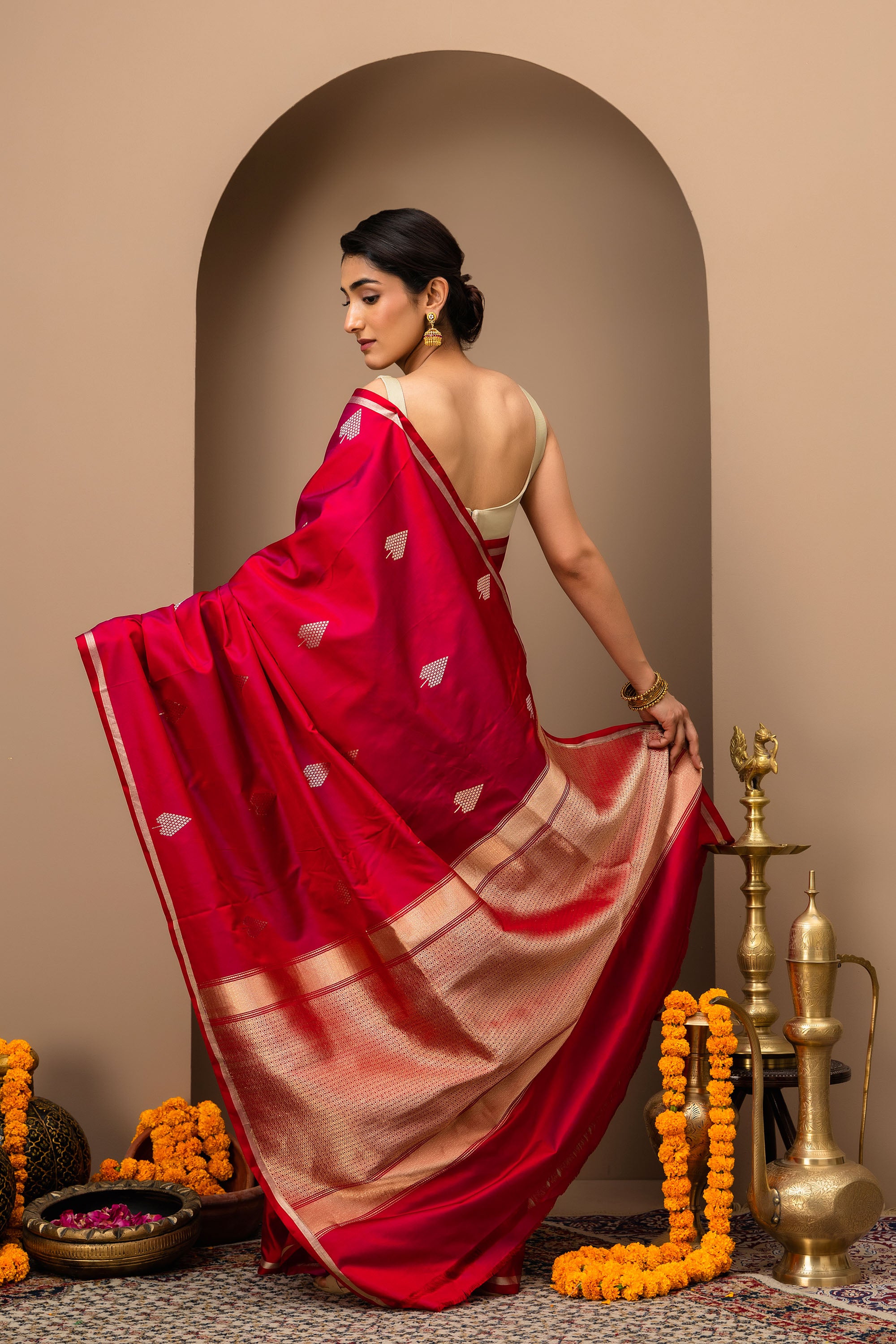 Gulnaar: Katan Mashru Pure Silk Saree in deep Crimson