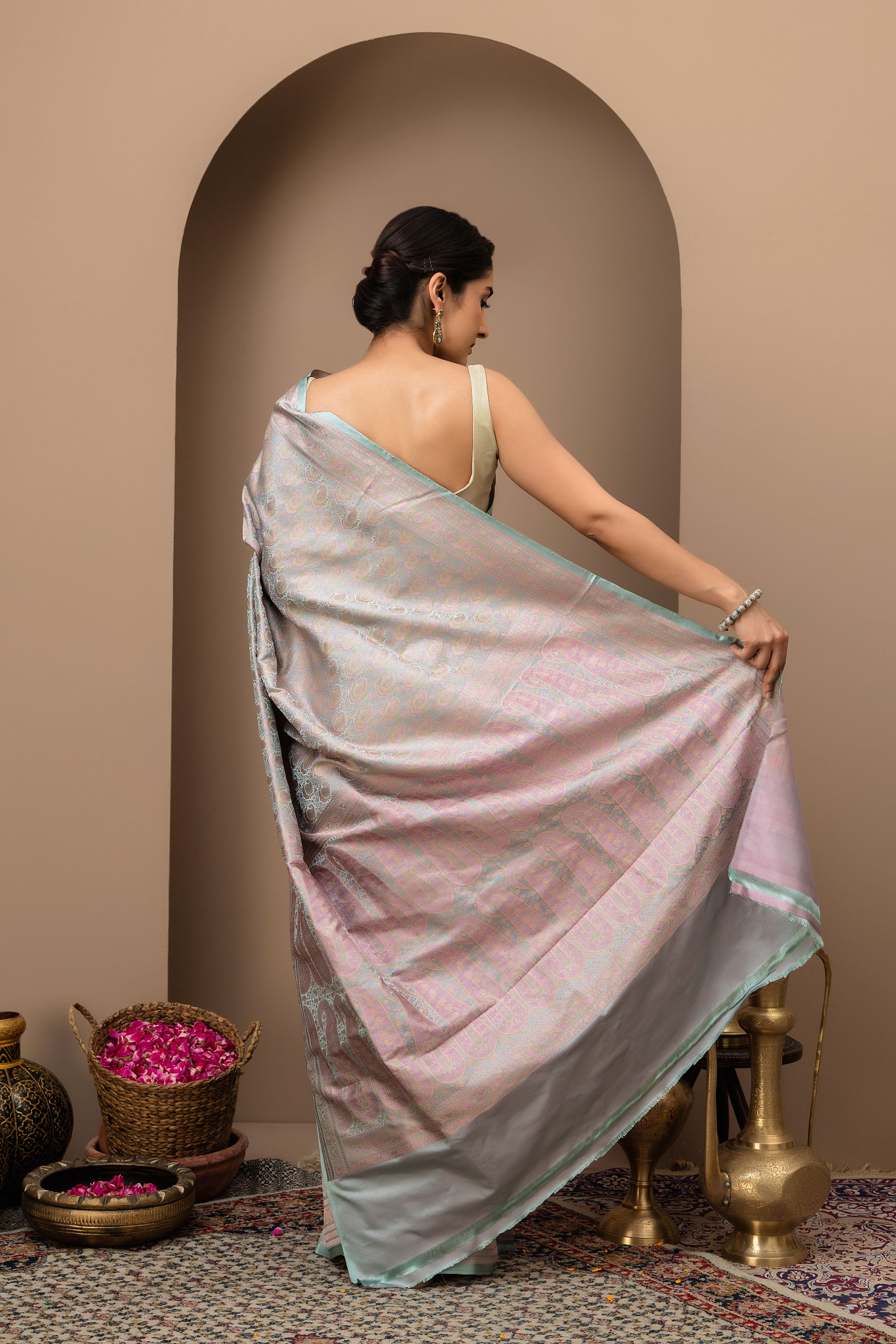 Noorjahaan: Tanchui Pure Silk Saree in Opaline Grey- lavender