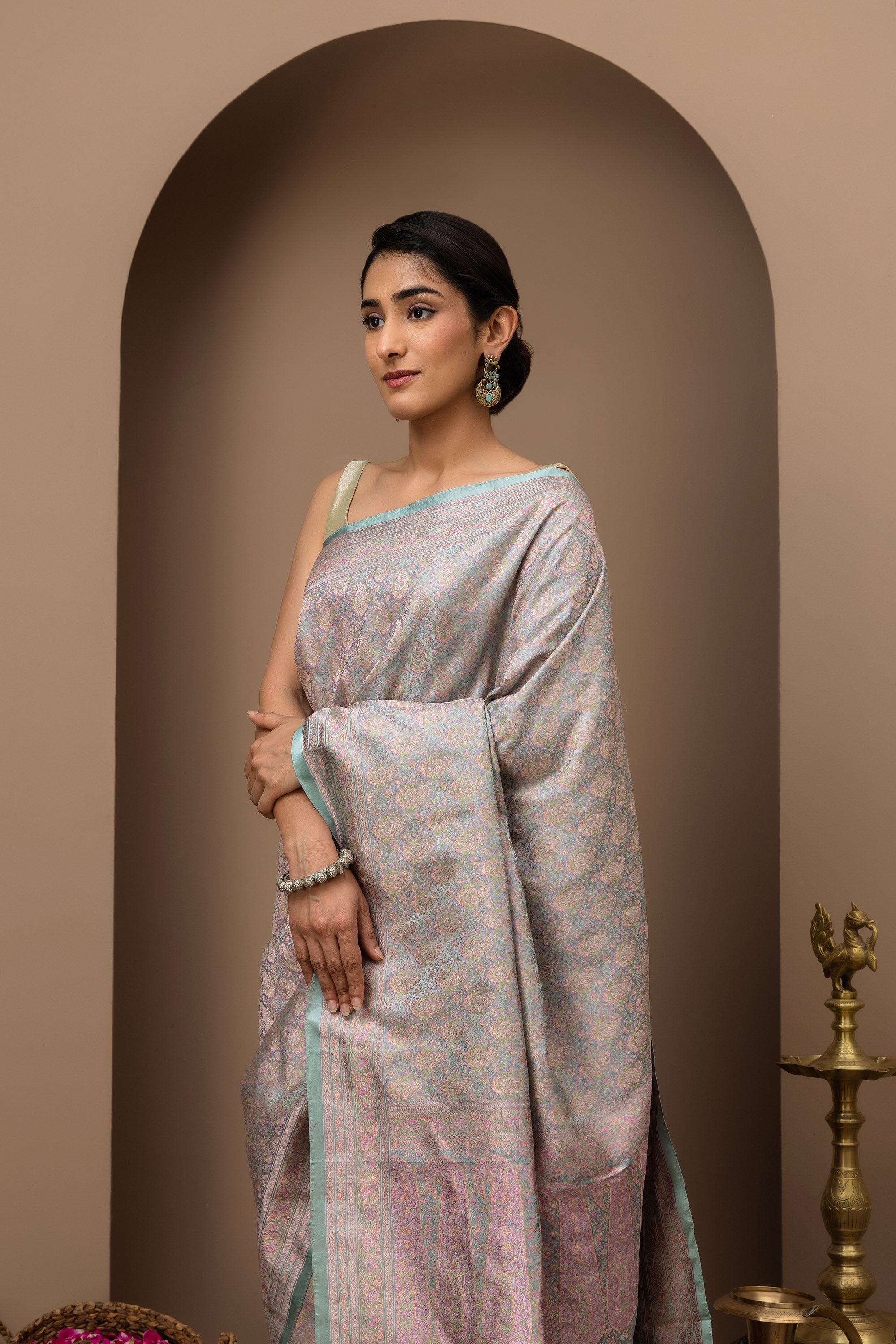 Noorjahaan: Tanchui Pure Silk Saree in Opaline Grey- lavender