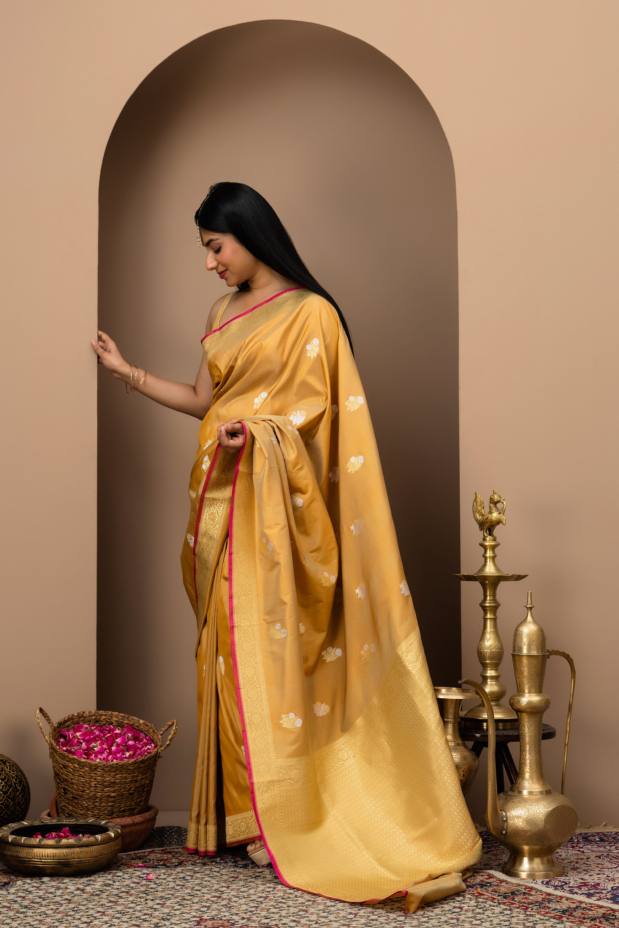 Chandni Rang: Katan pure silk saree in Antique Mustard gold