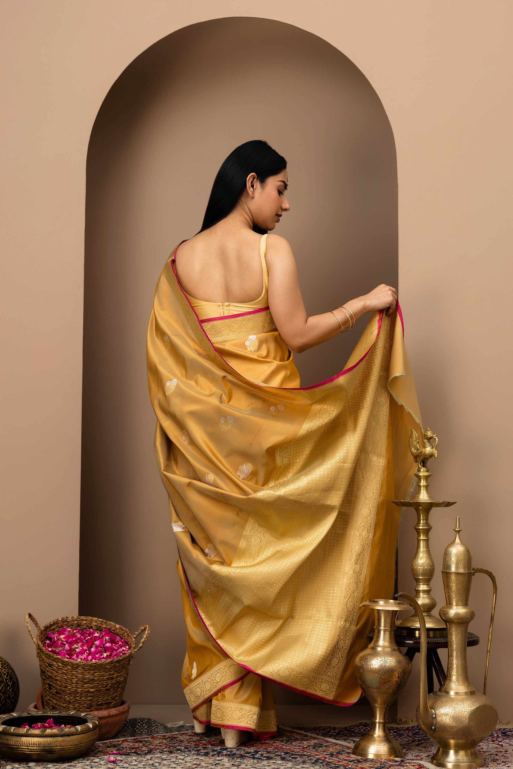 Chandni Rang: Katan pure silk saree in Antique Mustard gold
