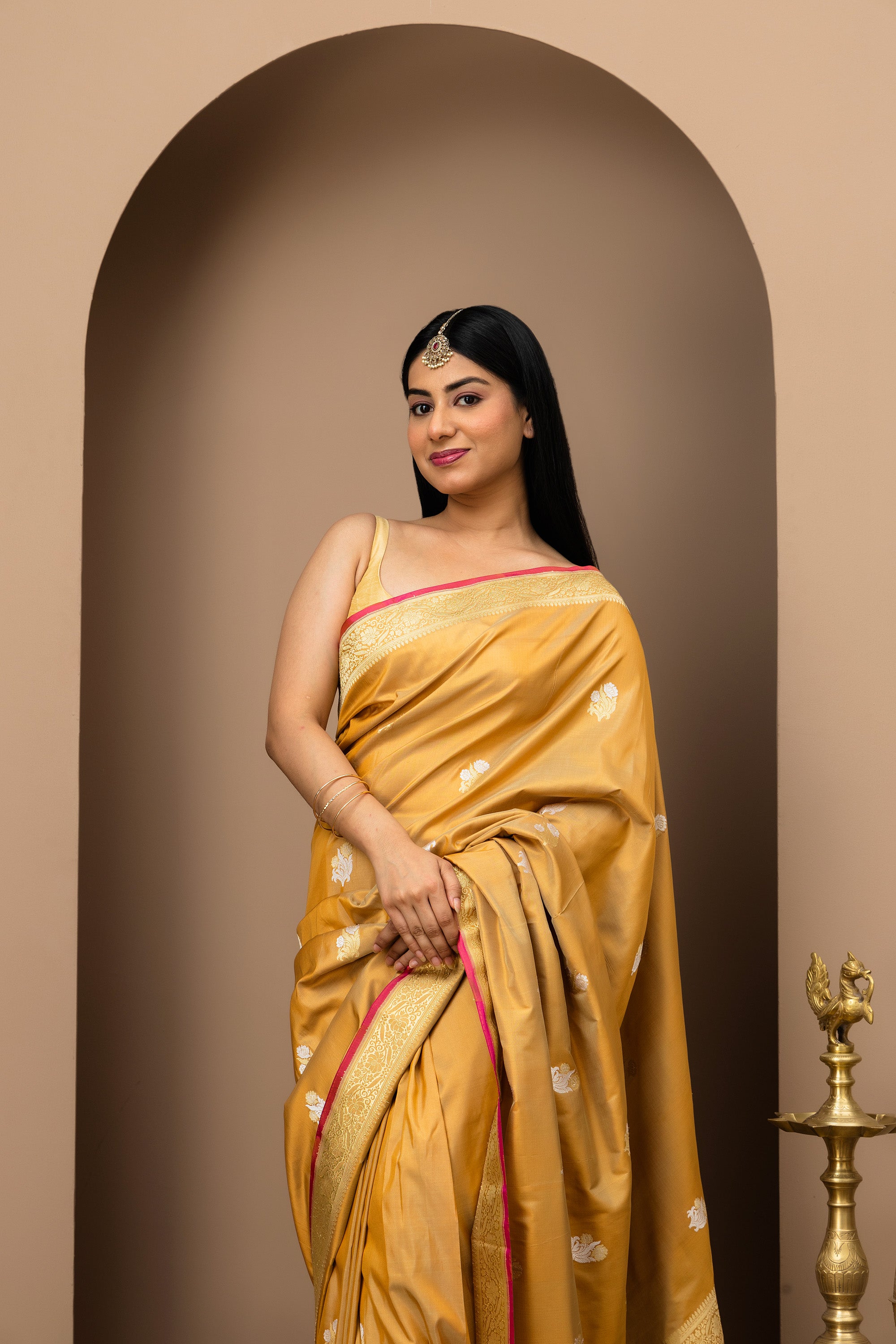 Chandni Rang: Katan pure silk saree in Antique Mustard gold