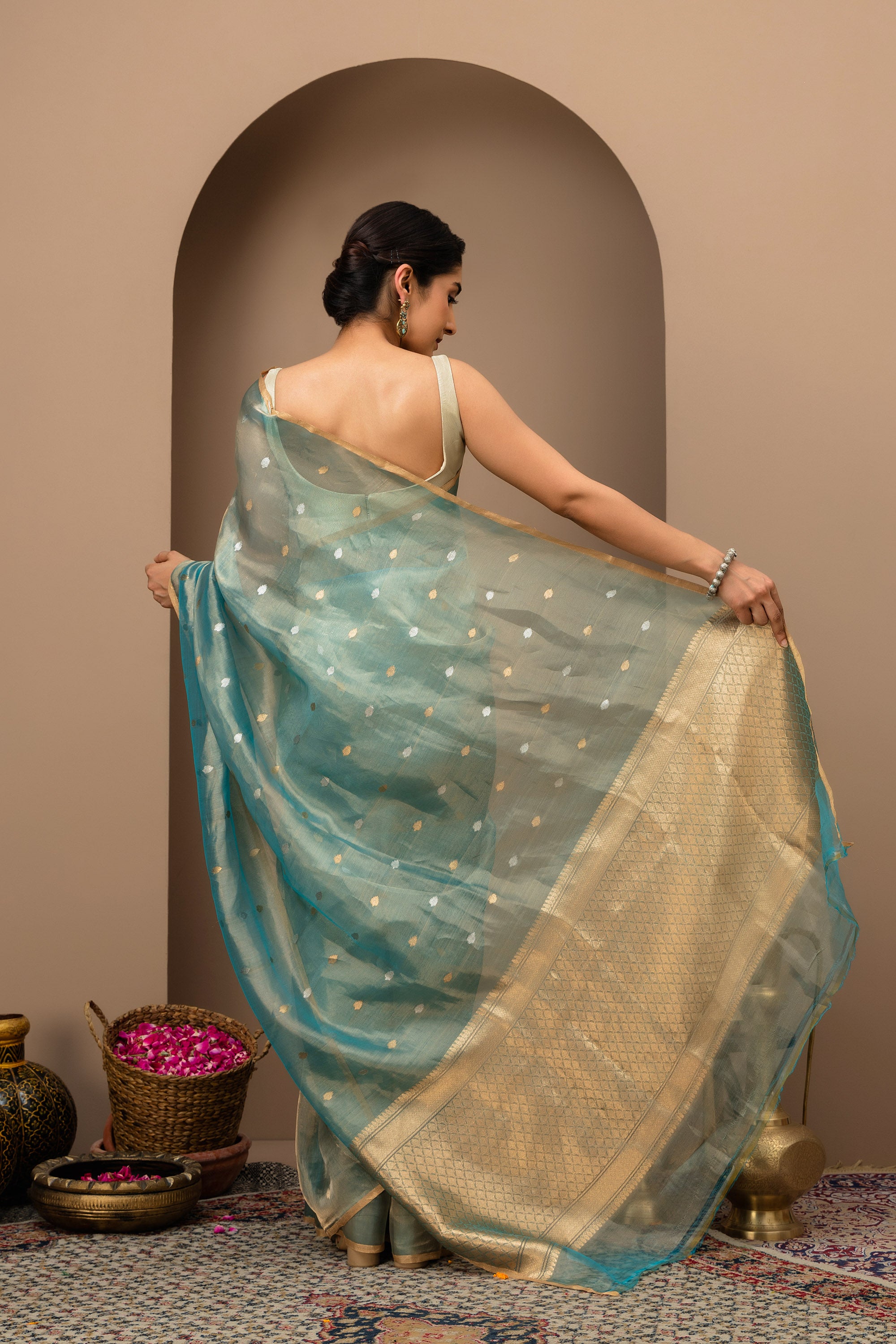 Beautiful blue-green Handwoven Tissue Silk Saree with Zari Border