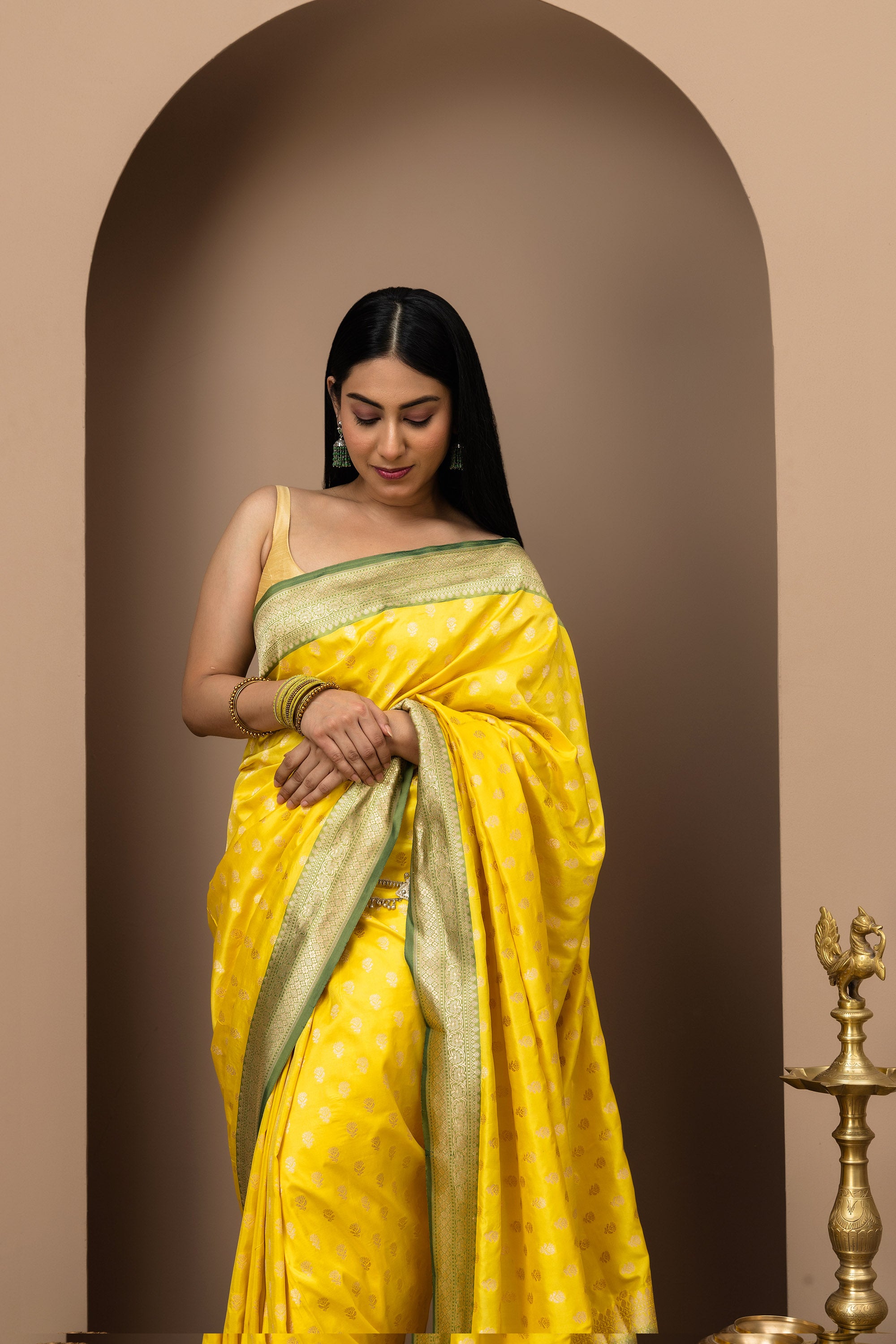Sunlit yellow with Olive green gold zari, Banarasi Katan pure silk saree